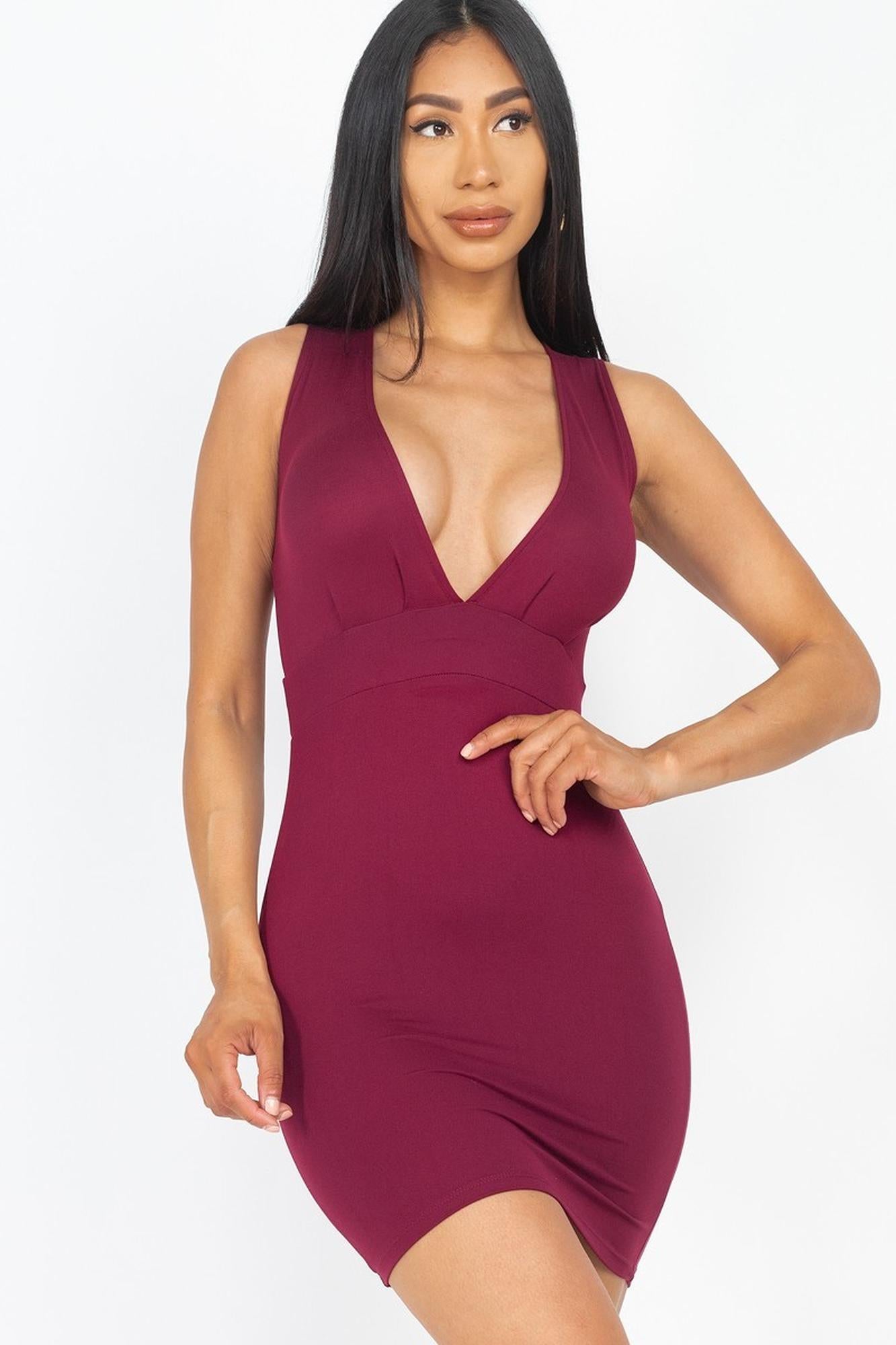 Front Tuck Bodycon Mini Dress with Plunging V Neckline