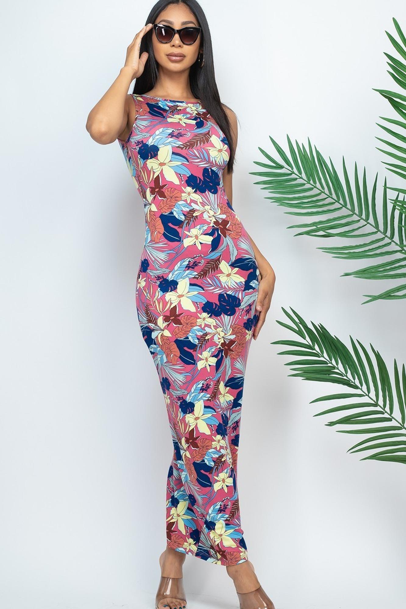 Floral Getaway Round Neck Bodycon Maxi Dress