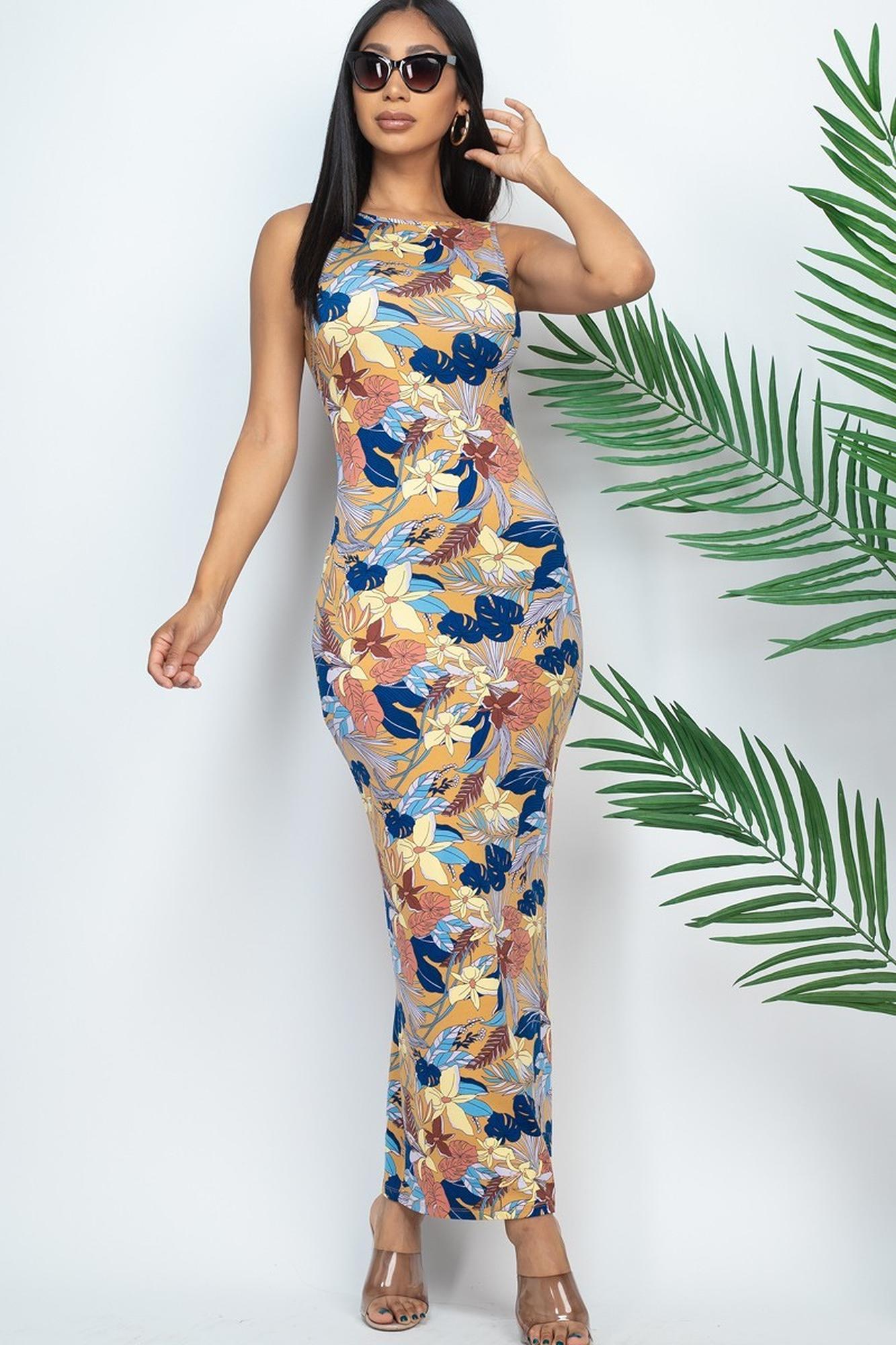 Floral Getaway Round Neck Bodycon Maxi Dress