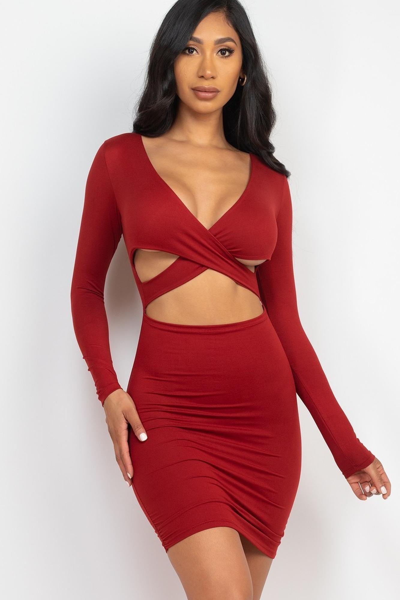 Long Sleeve Crisscross Cut Out Front Mini Bodycon Dress