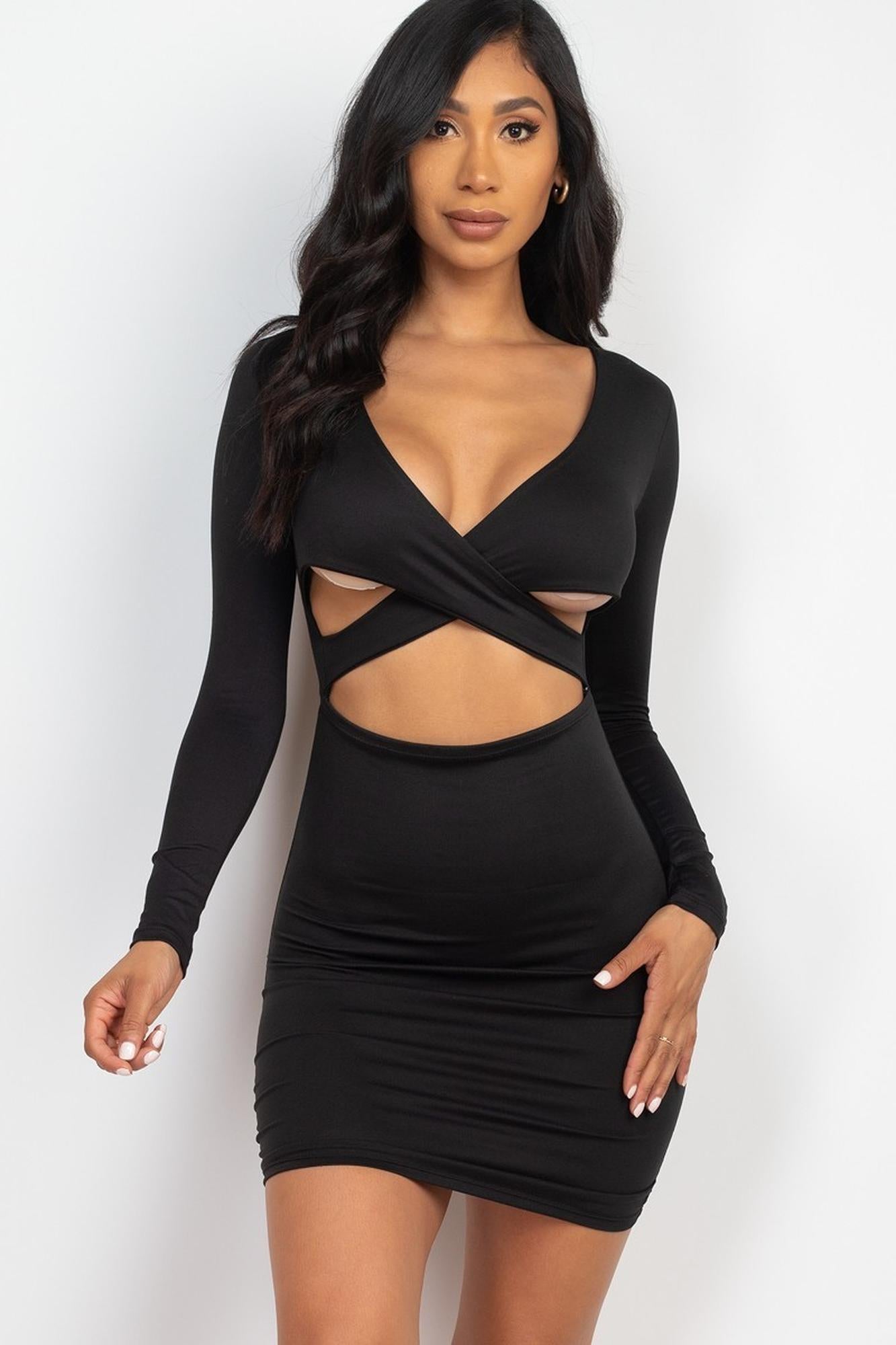 Long Sleeve Crisscross Cut Out Front Mini Bodycon Dress