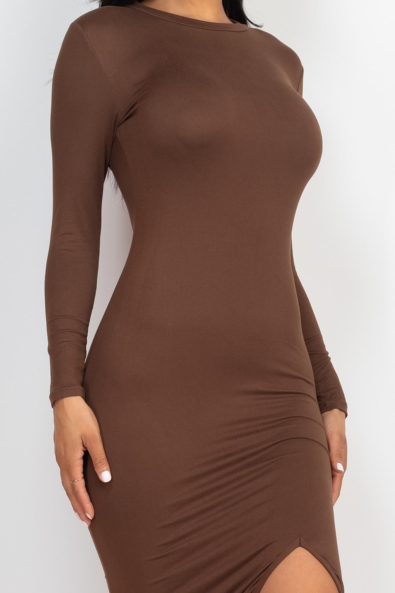 Solid Long Sleeve Thigh Slit Midi Broycon Dress