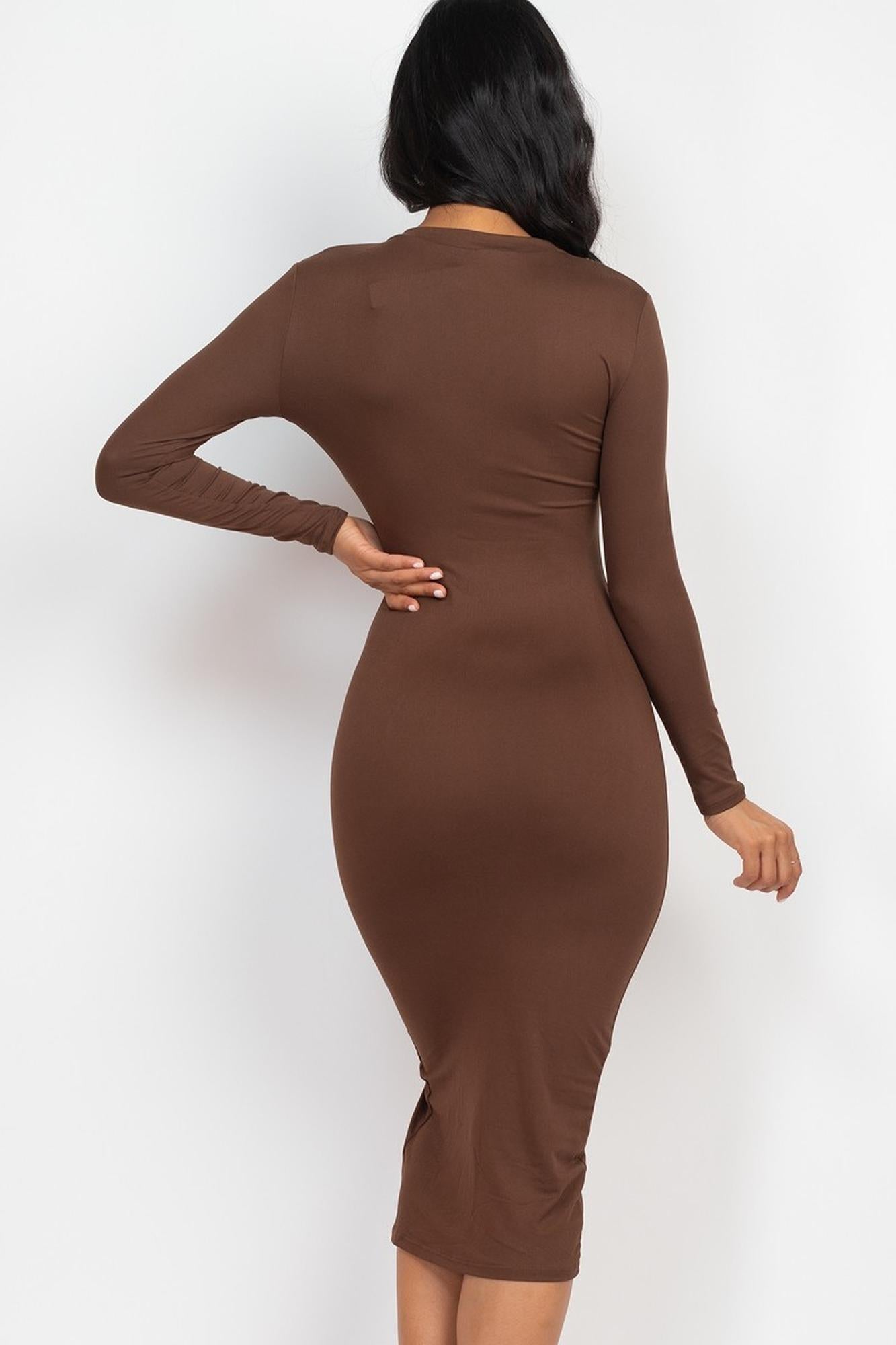 Solid Long Sleeve Thigh Slit Midi Broycon Dress
