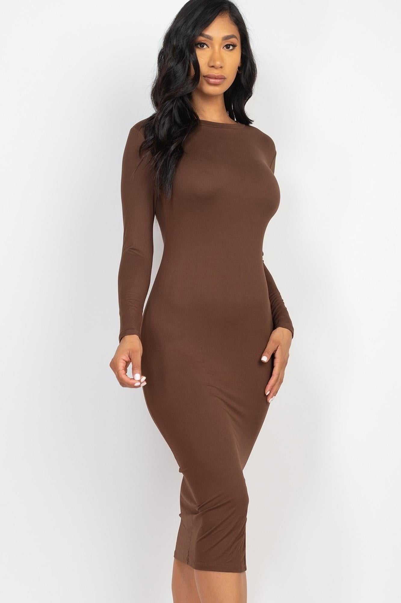 Solid Long Sleeve Thigh Slit Midi Broycon Dress