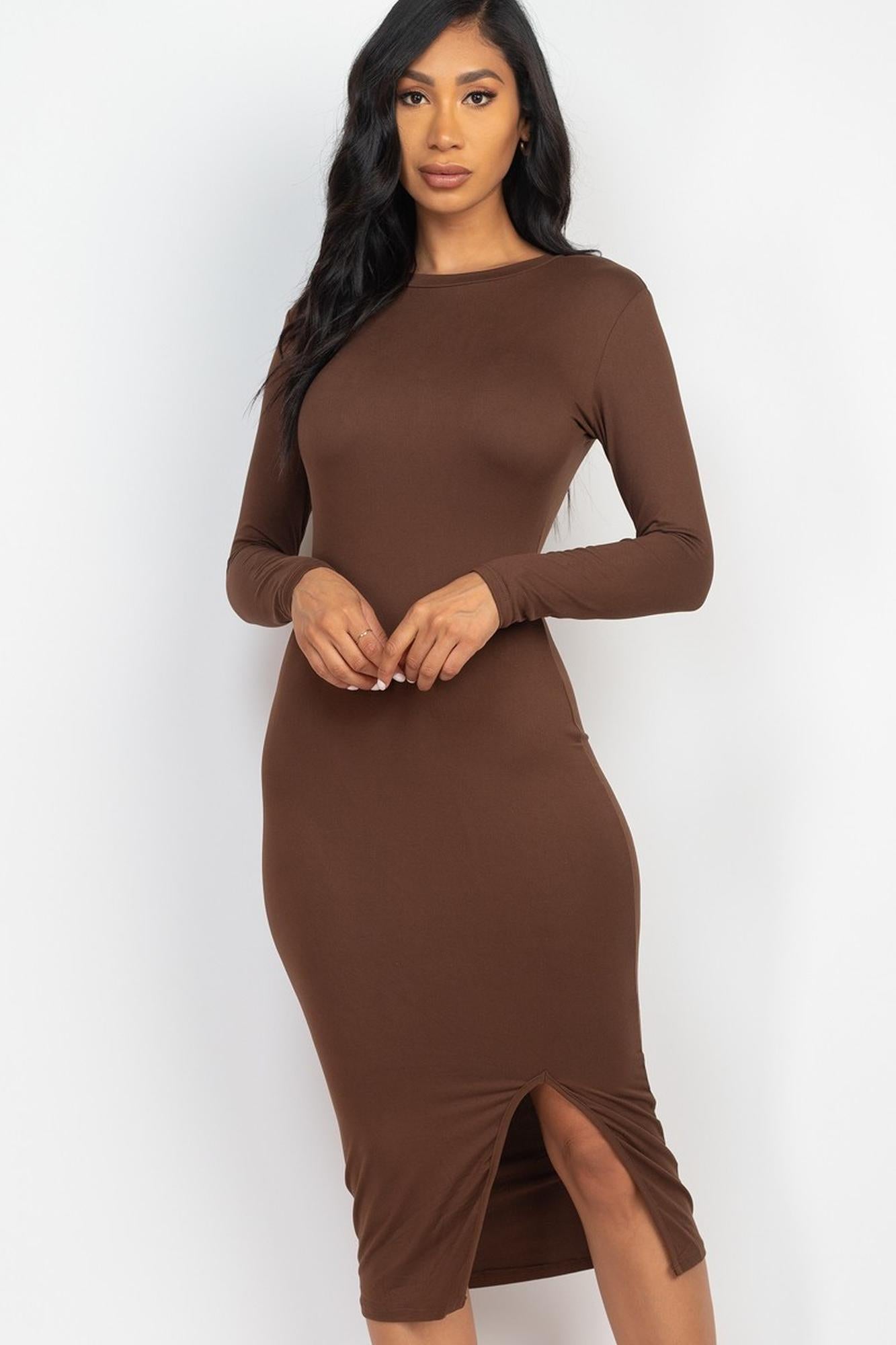Solid Long Sleeve Thigh Slit Midi Broycon Dress