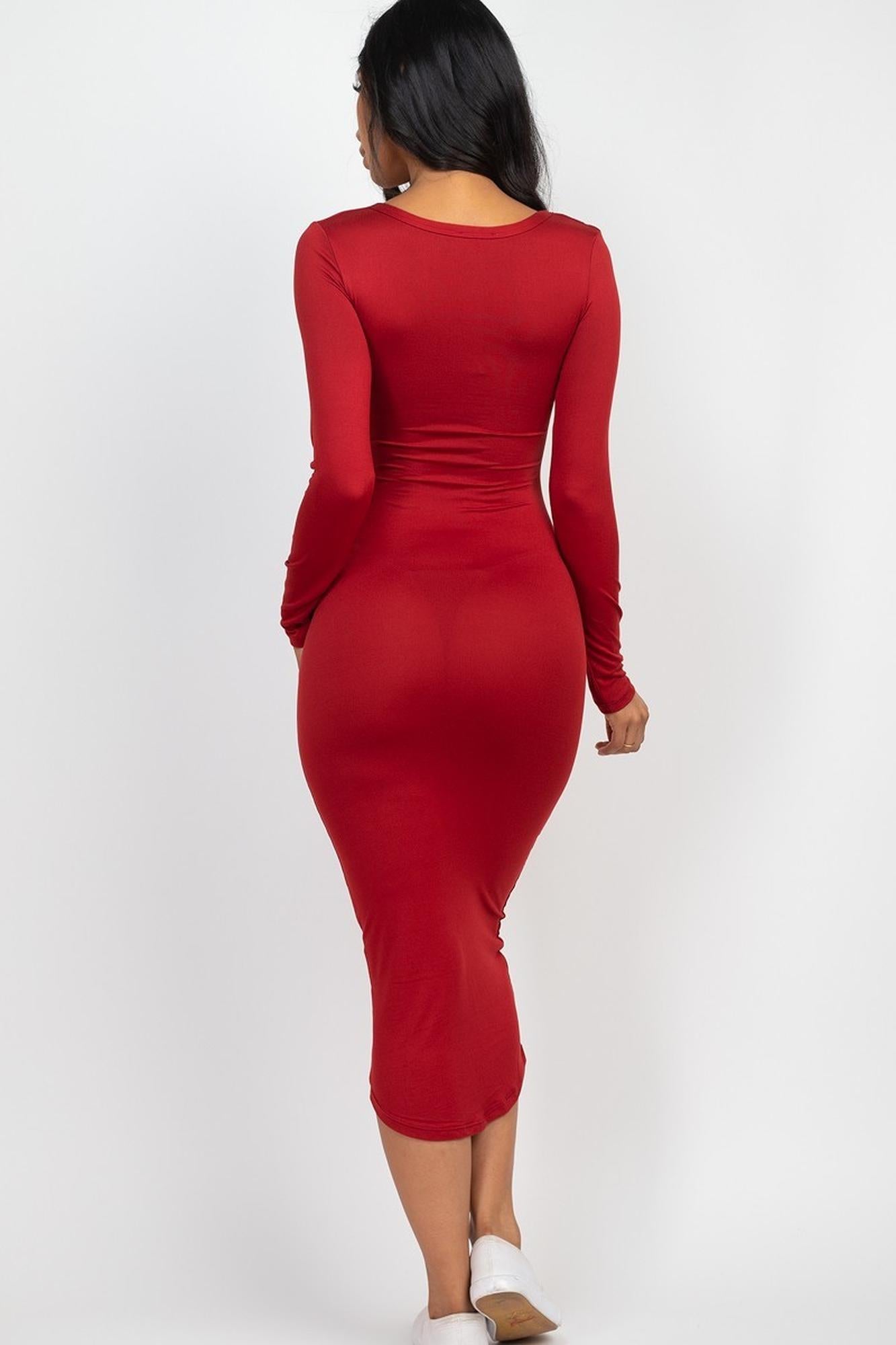 Long Sleeve Split Neck Bodycon Midi Dress