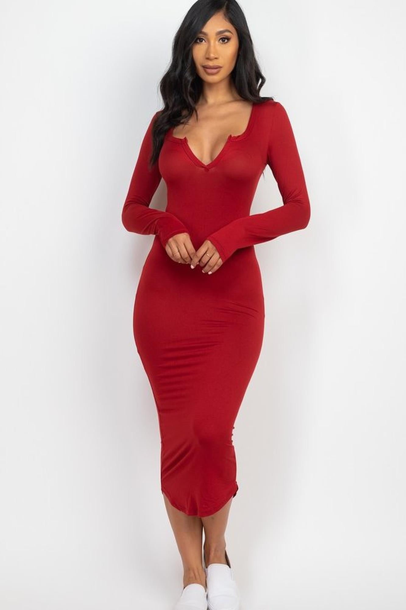 Long Sleeve Split Neck Bodycon Midi Dress