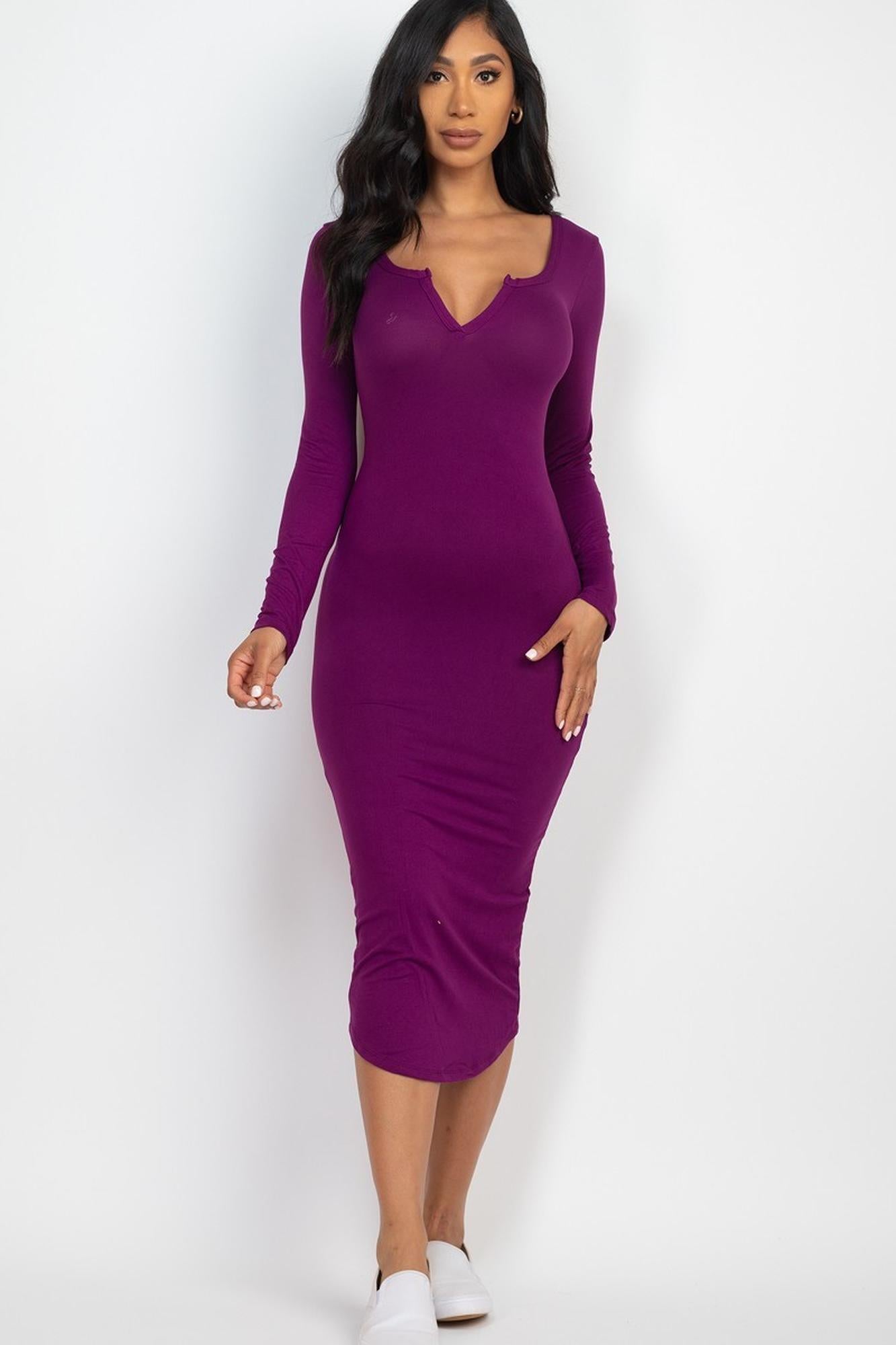 Long Sleeve Split Neck Bodycon Midi Dress