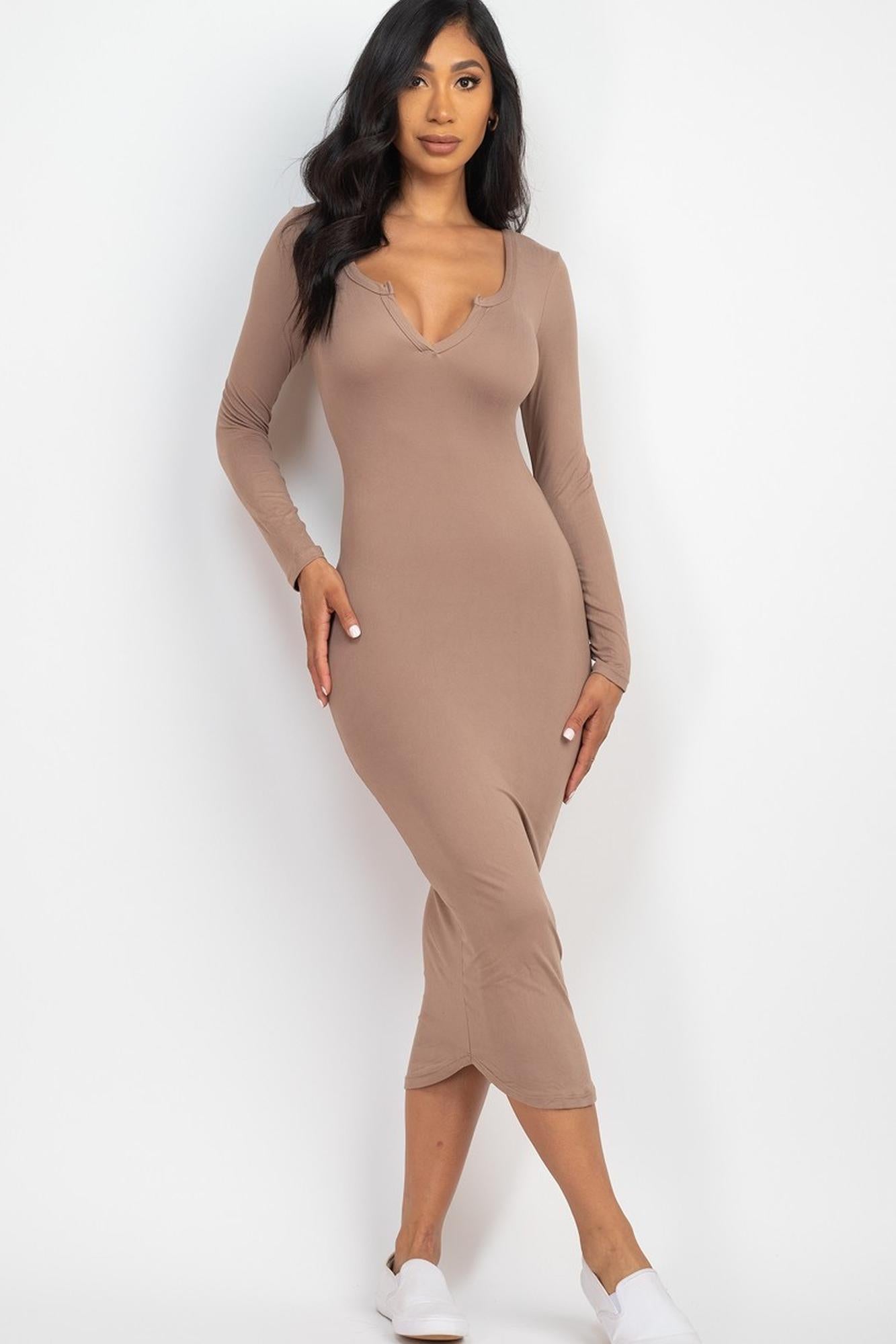 Long Sleeve Split Neck Bodycon Midi Dress
