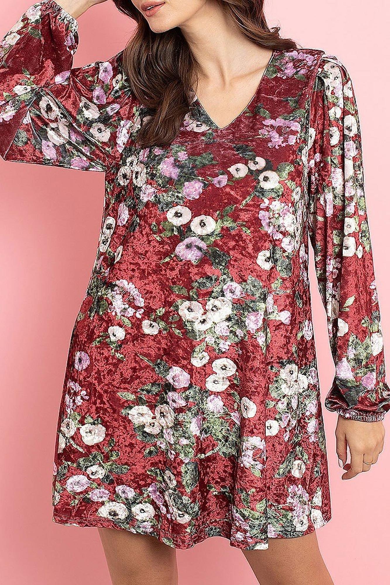 Velvet Floral Long Sleeve Gathered Cuff V-Neck Mini Dress