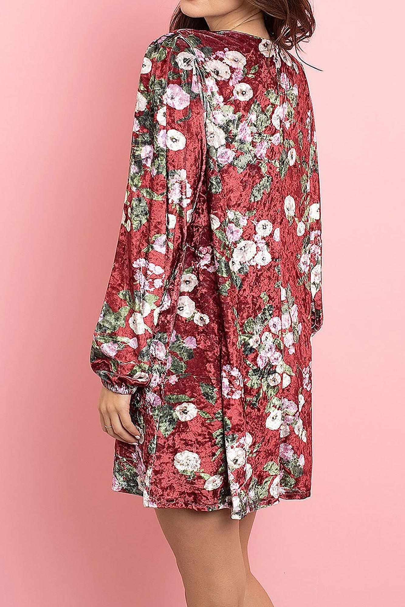 Velvet Floral Long Sleeve Gathered Cuff V-Neck Mini Dress