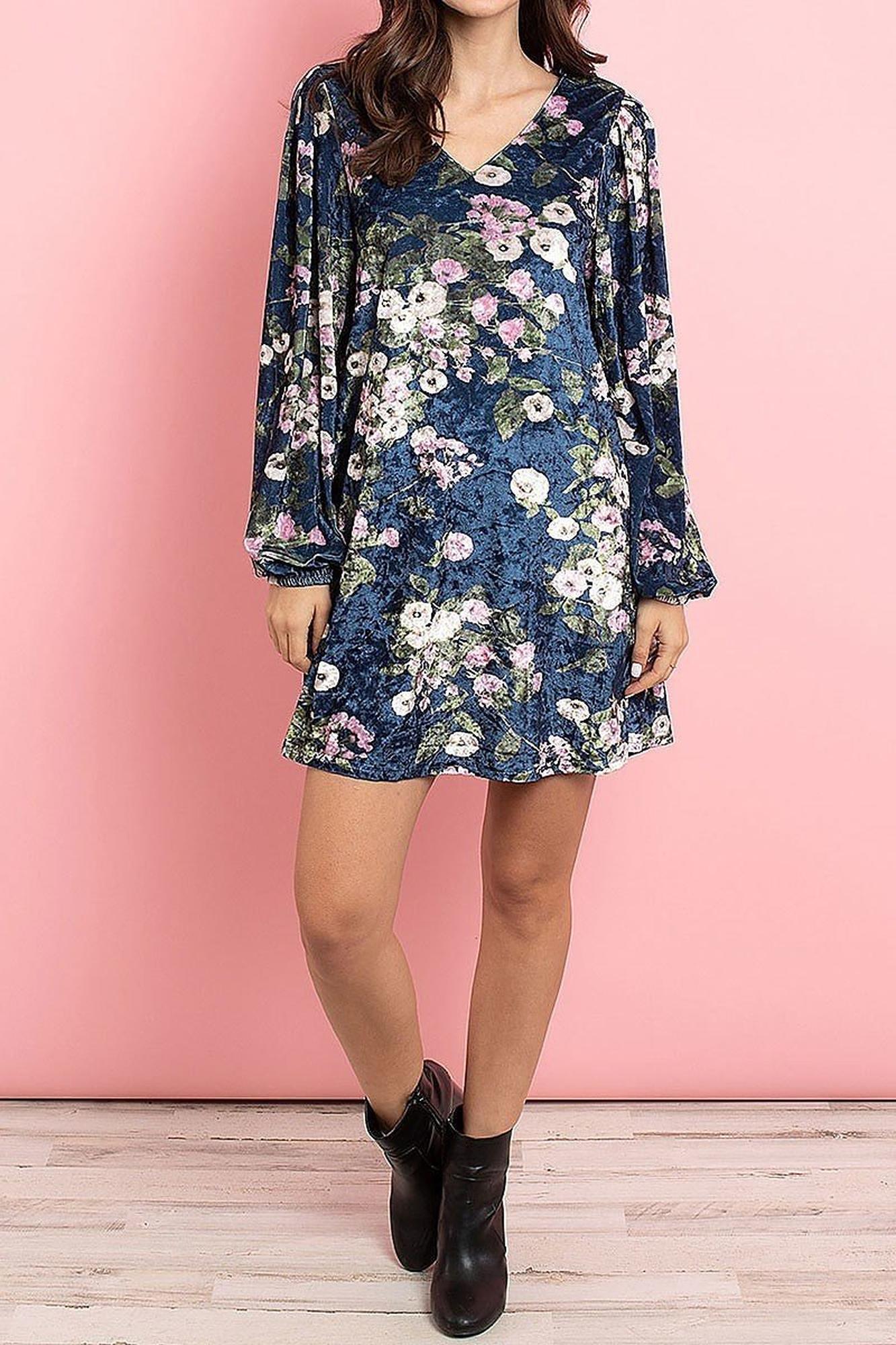 Velvet Floral Long Sleeve Gathered Cuff V-Neck Mini Dress