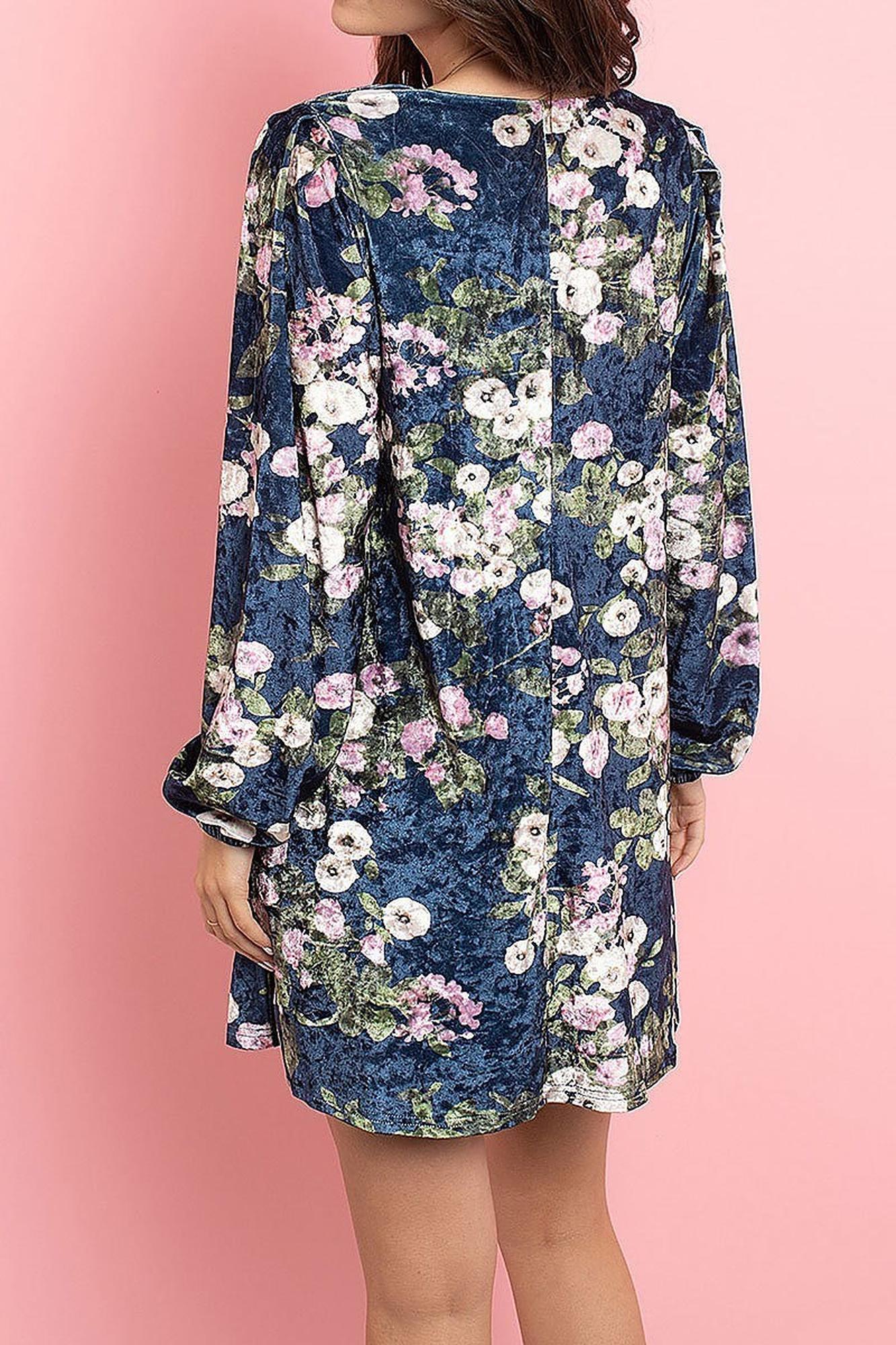 Velvet Floral Long Sleeve Gathered Cuff V-Neck Mini Dress