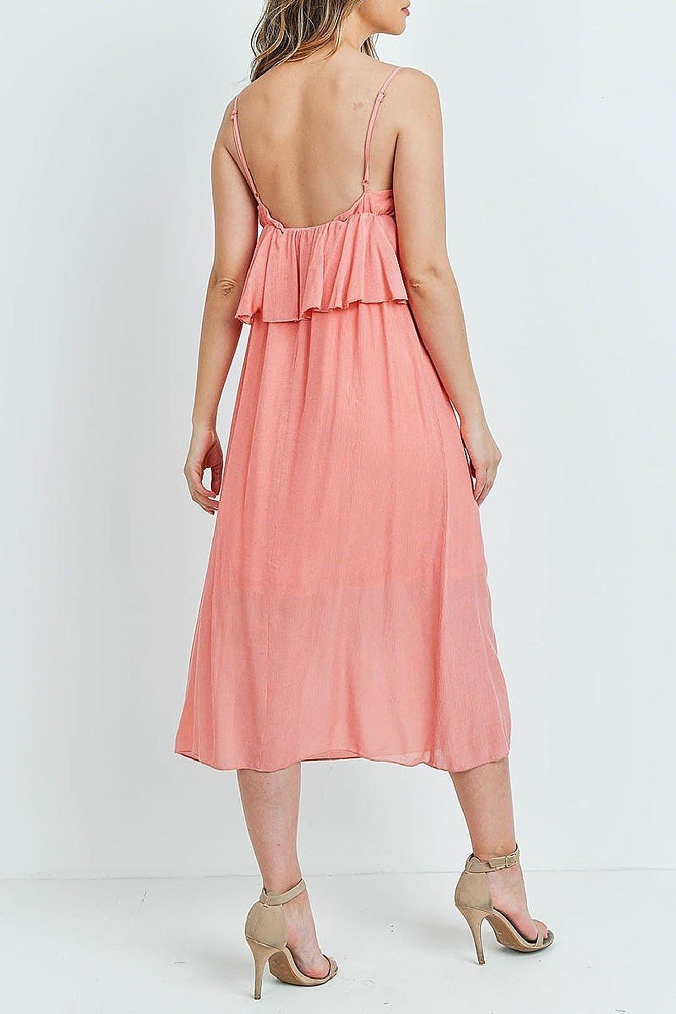 Ruffle Accent V-Neck Flare Midi Dress Ruffle Accent V-Neck Flare Midi Dress