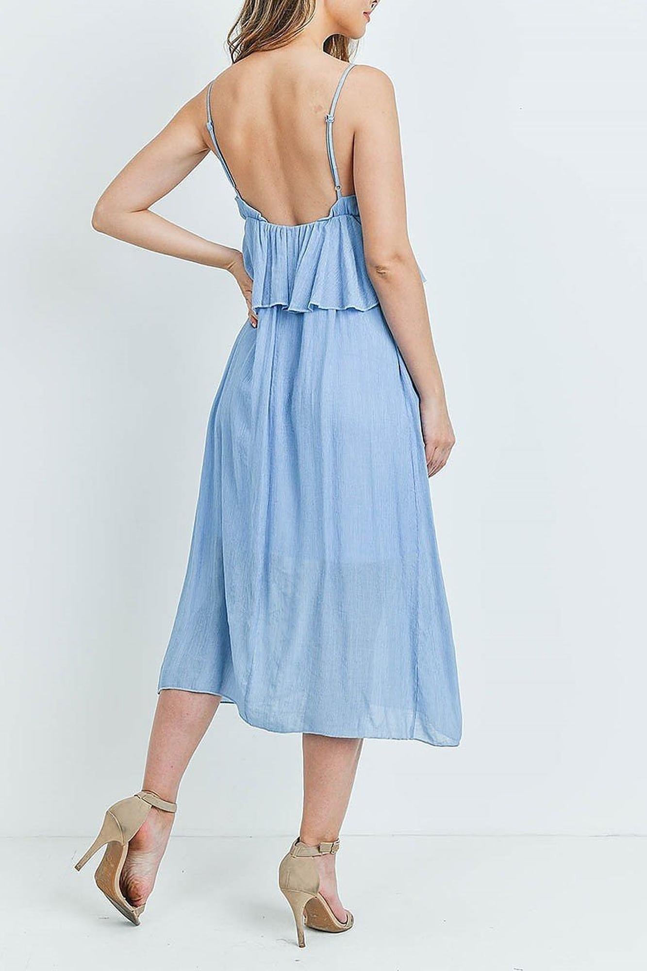 Ruffle Accent V-Neck Flare Midi Dress