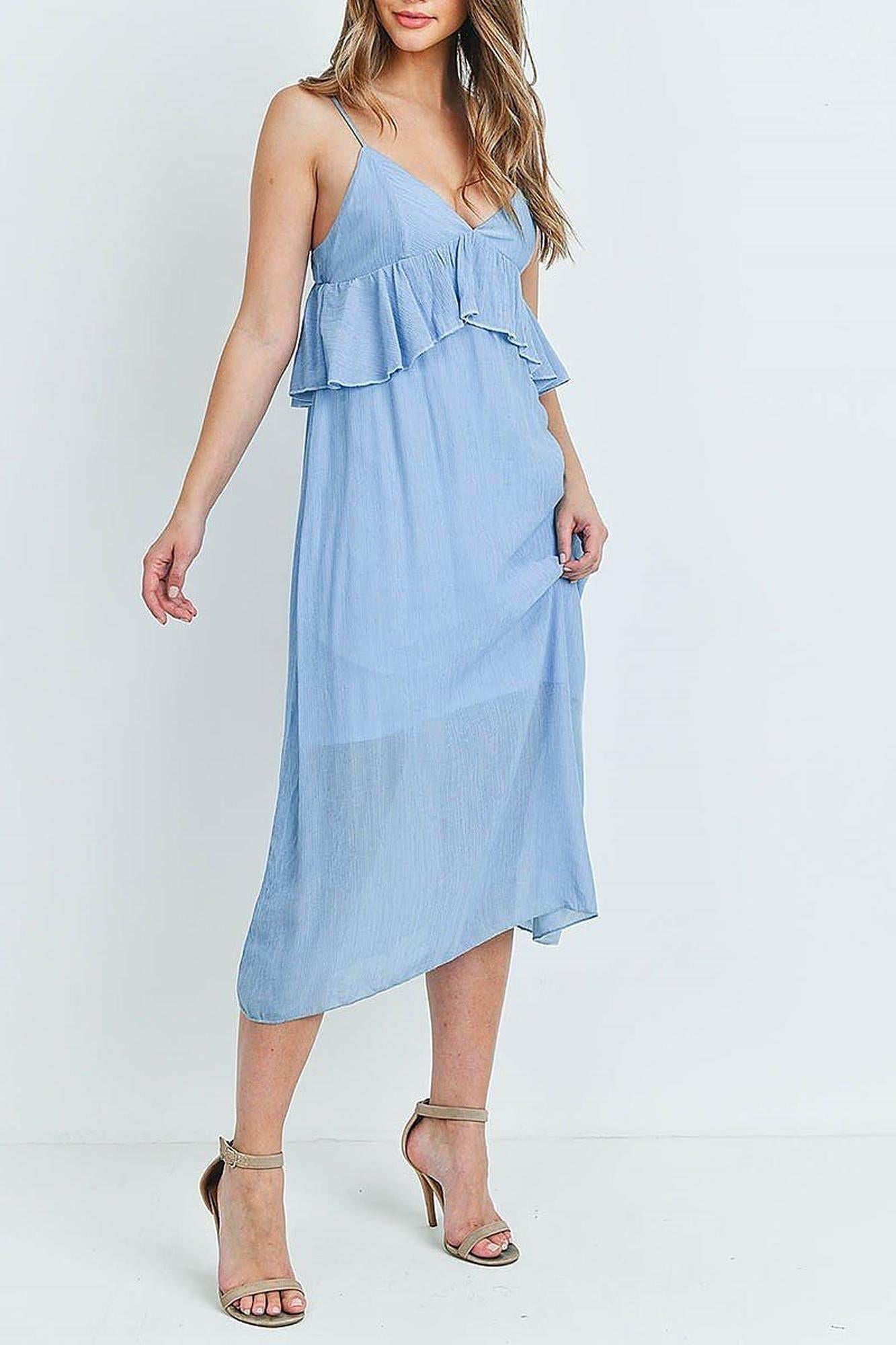 Ruffle Accent V-Neck Flare Midi Dress