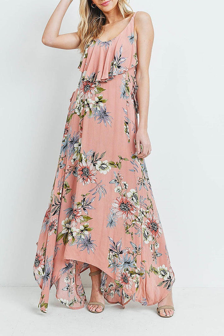 Floral Flounce Asymmetrical Hem Maxi Dress with Crisscross Back