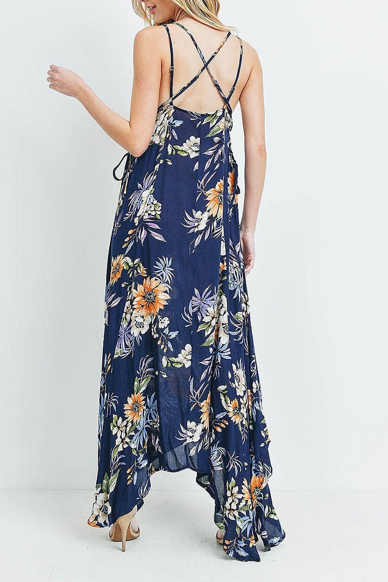 Floral Flounce Asymmetrical Hem Maxi Dress with Crisscross Back
