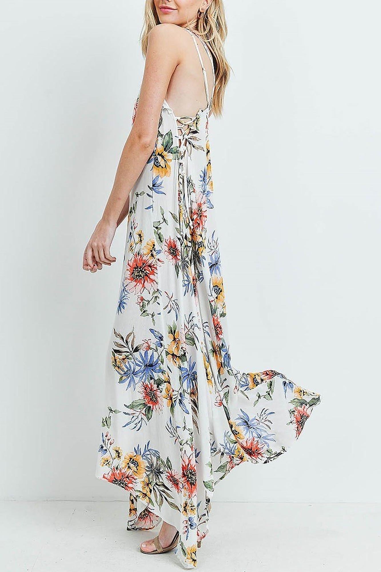 Floral Flounce Asymmetrical Hem Maxi Dress with Crisscross Back