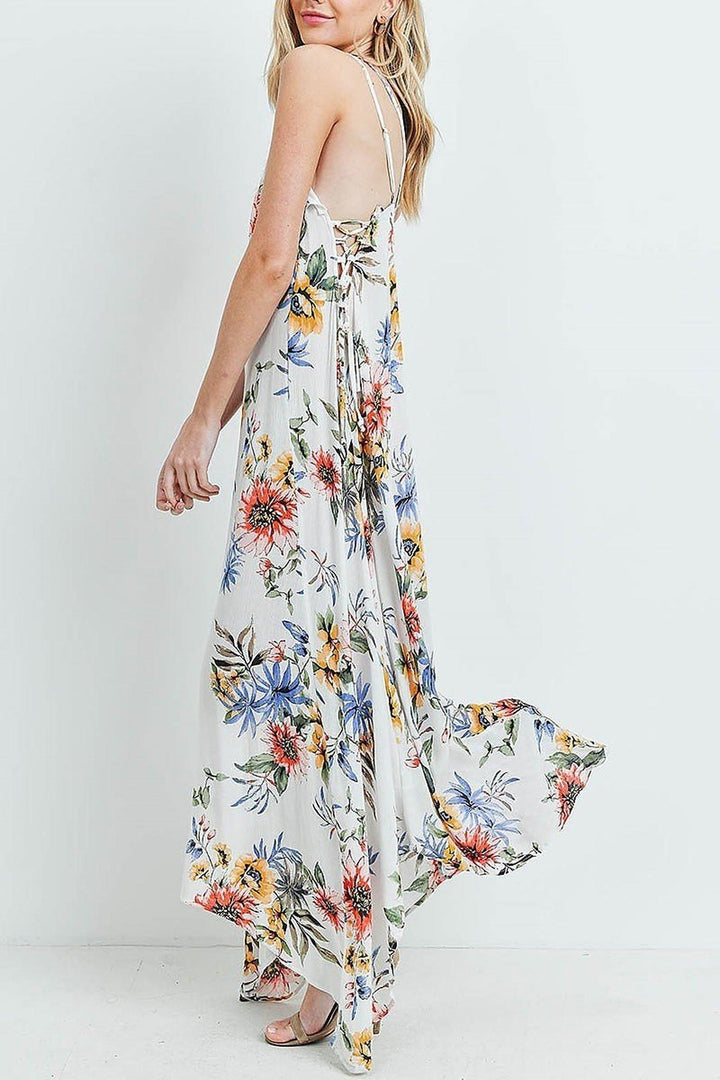 Floral Flounce Asymmetrical Hem Maxi Dress with Crisscross Back