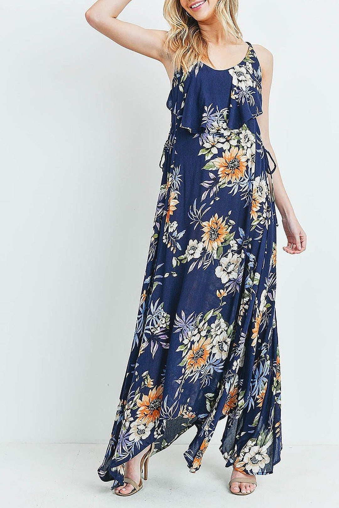 Floral Flounce Asymmetrical Hem Maxi Dress with Crisscross Back