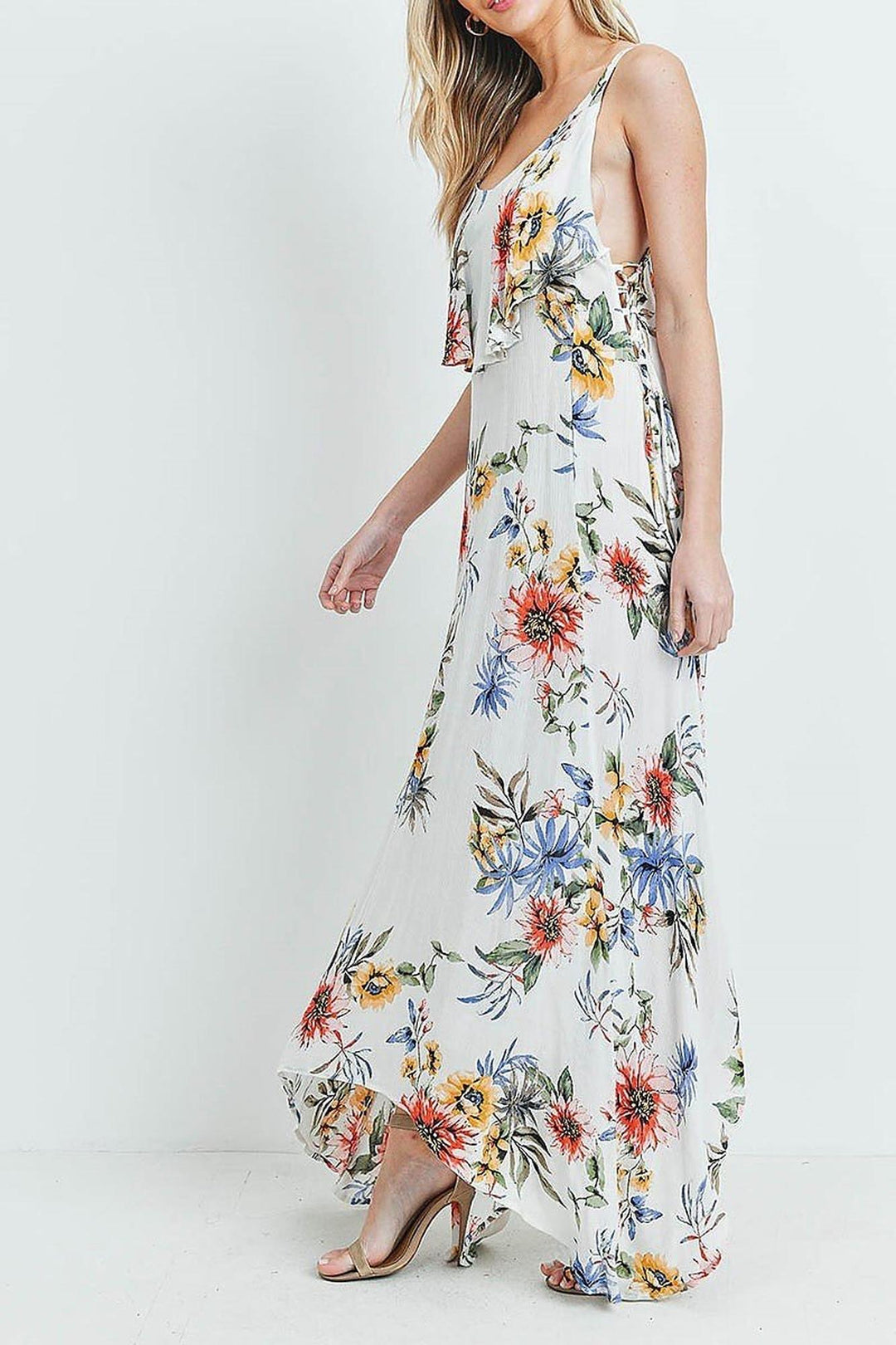 Floral Flounce Asymmetrical Hem Maxi Dress with Crisscross Back