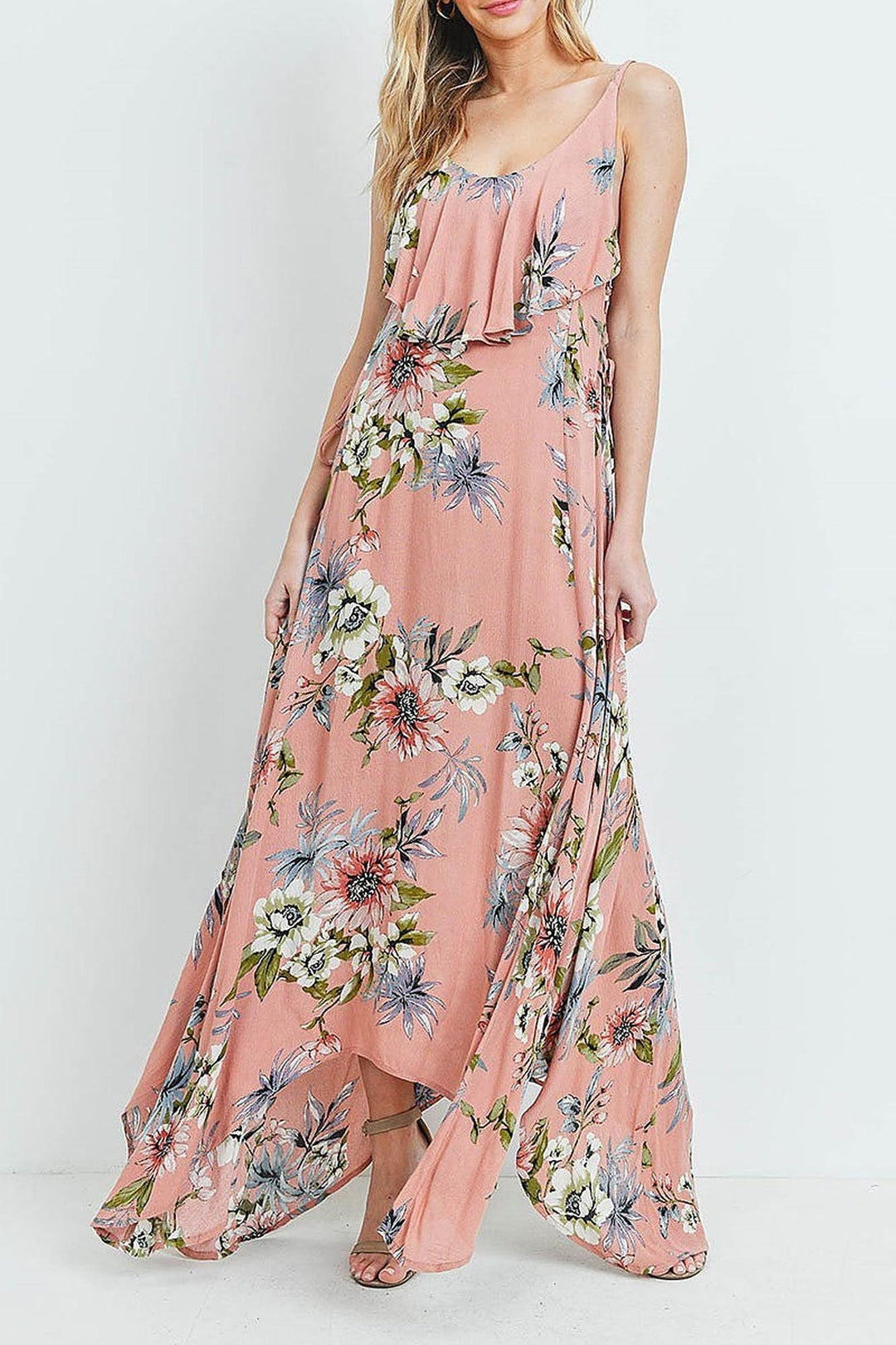 Floral Flounce Asymmetrical Hem Maxi Dress with Crisscross Back
