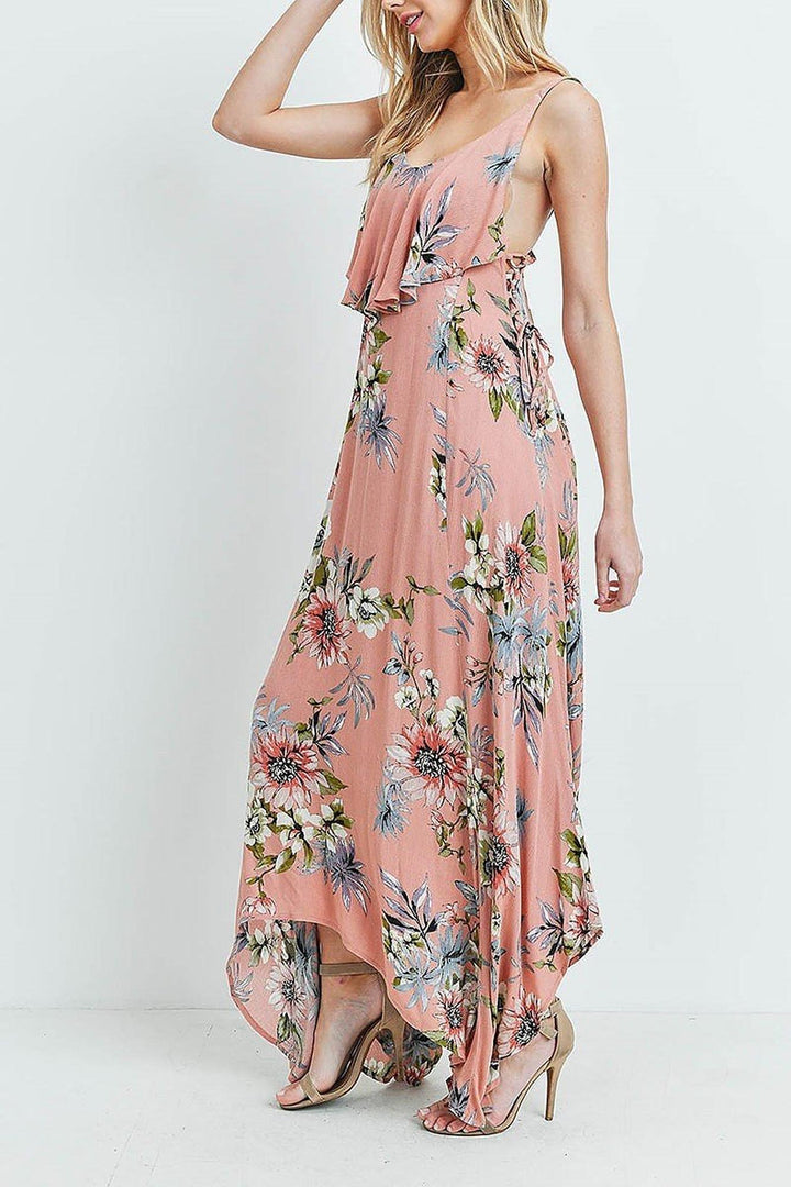 Floral Flounce Asymmetrical Hem Maxi Dress with Crisscross Back