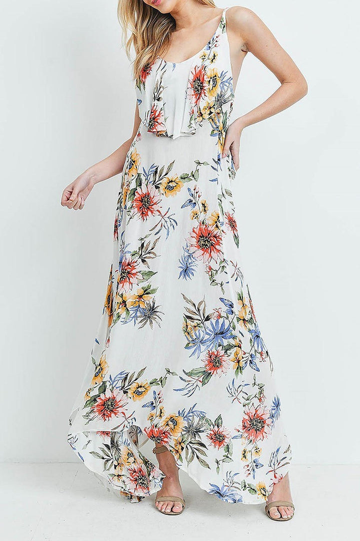 Floral Flounce Asymmetrical Hem Maxi Dress with Crisscross Back