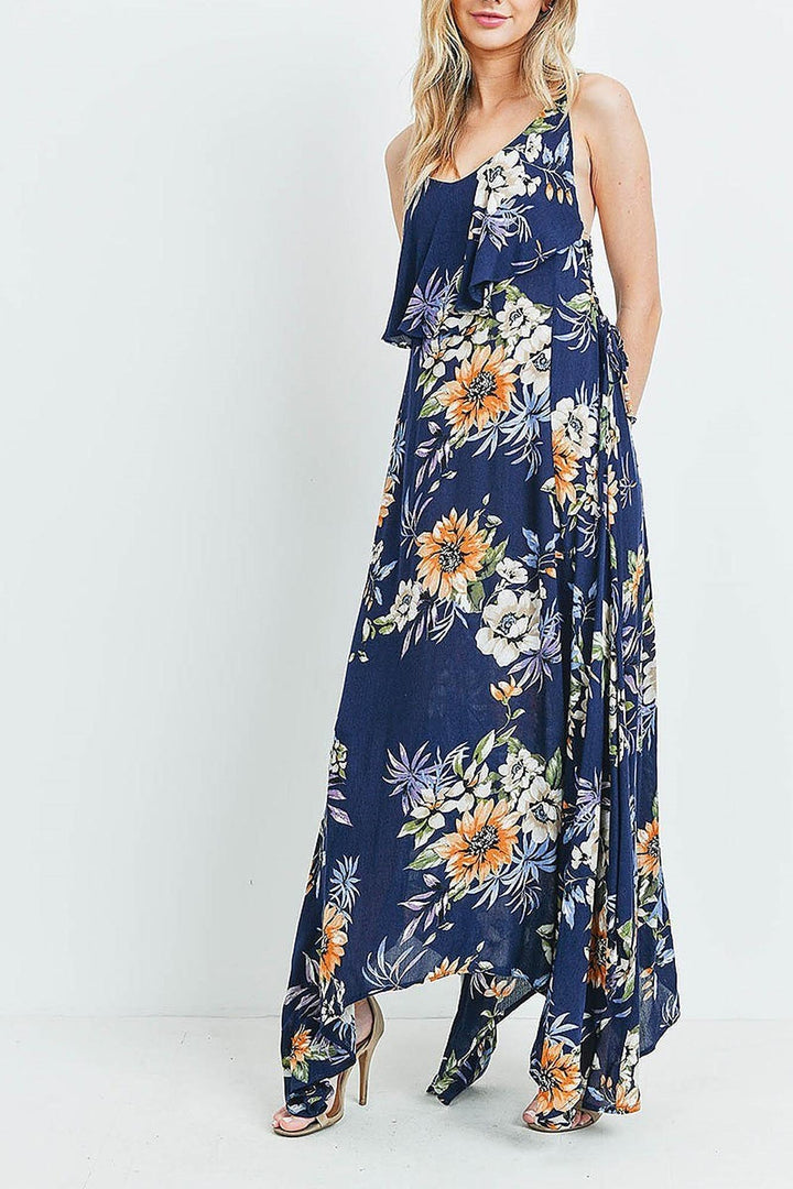 Floral Flounce Asymmetrical Hem Maxi Dress with Crisscross Back