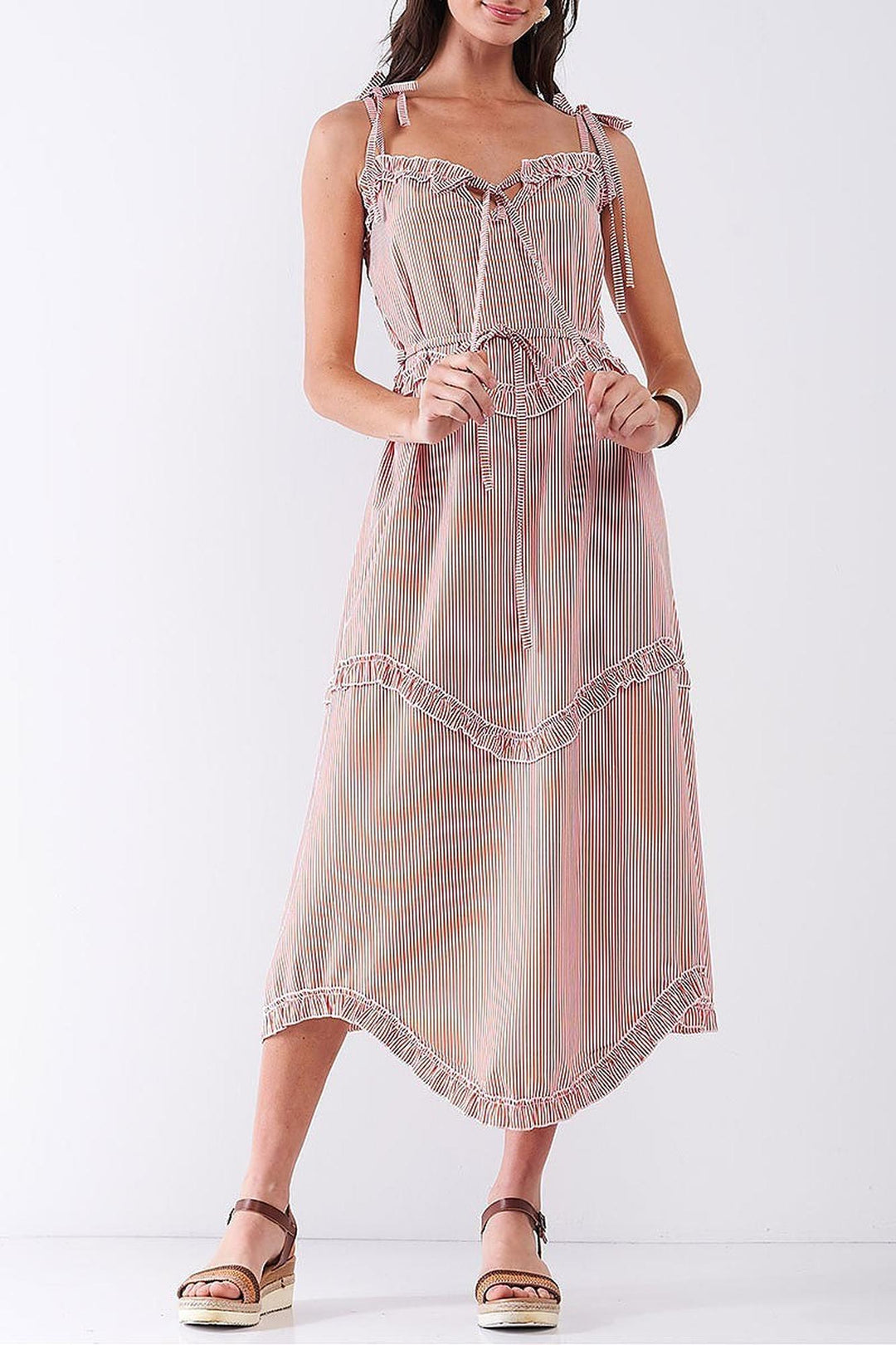 Ruffle Accent Striped Tie String Wavy Hem Rayon Midi Dress