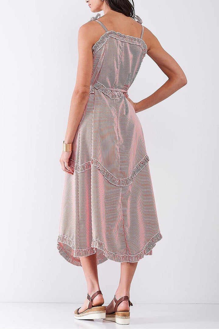 Ruffle Accent Striped Tie String Wavy Hem Rayon Midi Dress