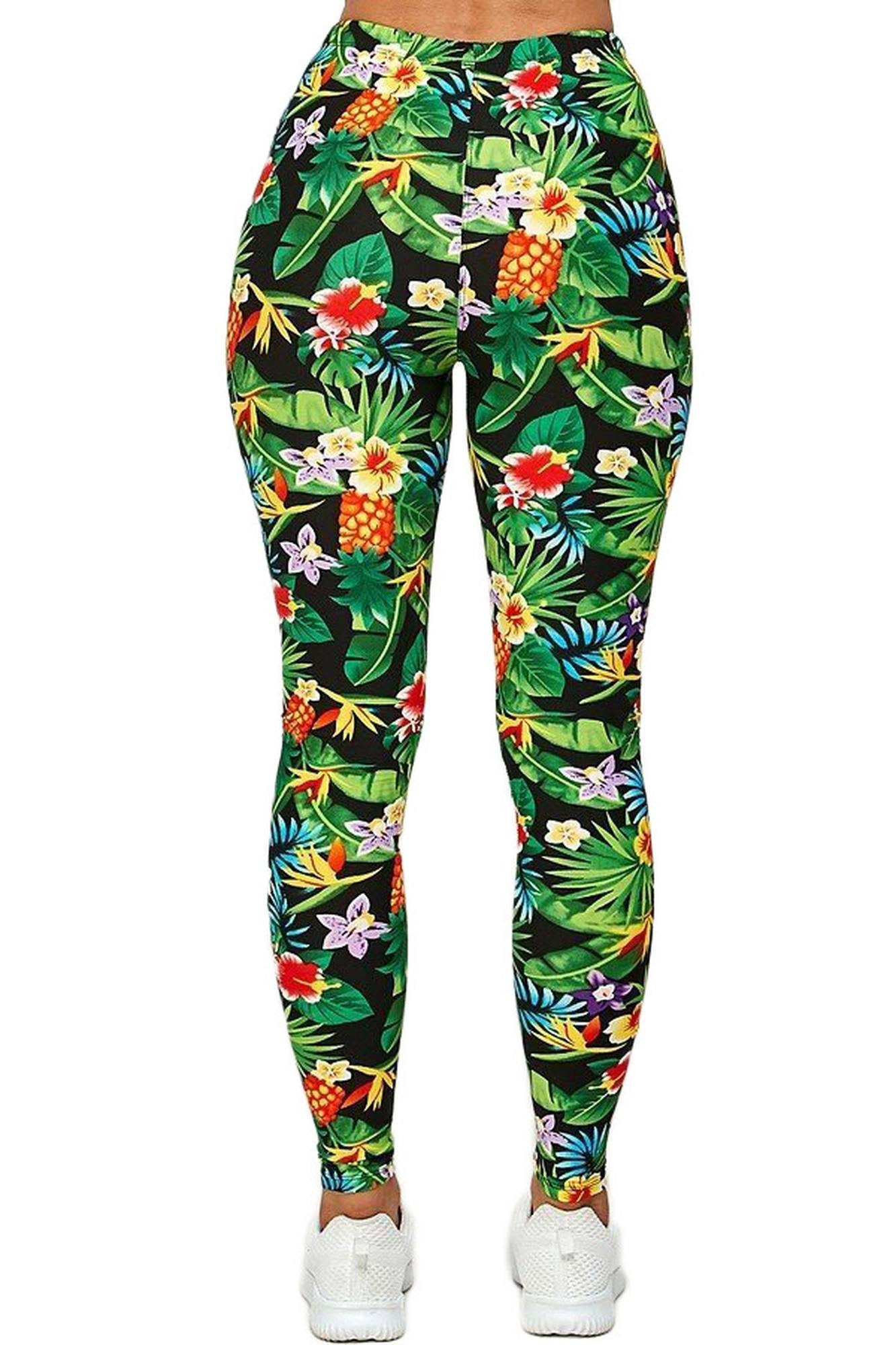 Buttery Soft Tropicana Floral Extra Plus Size Leggings - 3X-5X (XPlus One Size,Green)