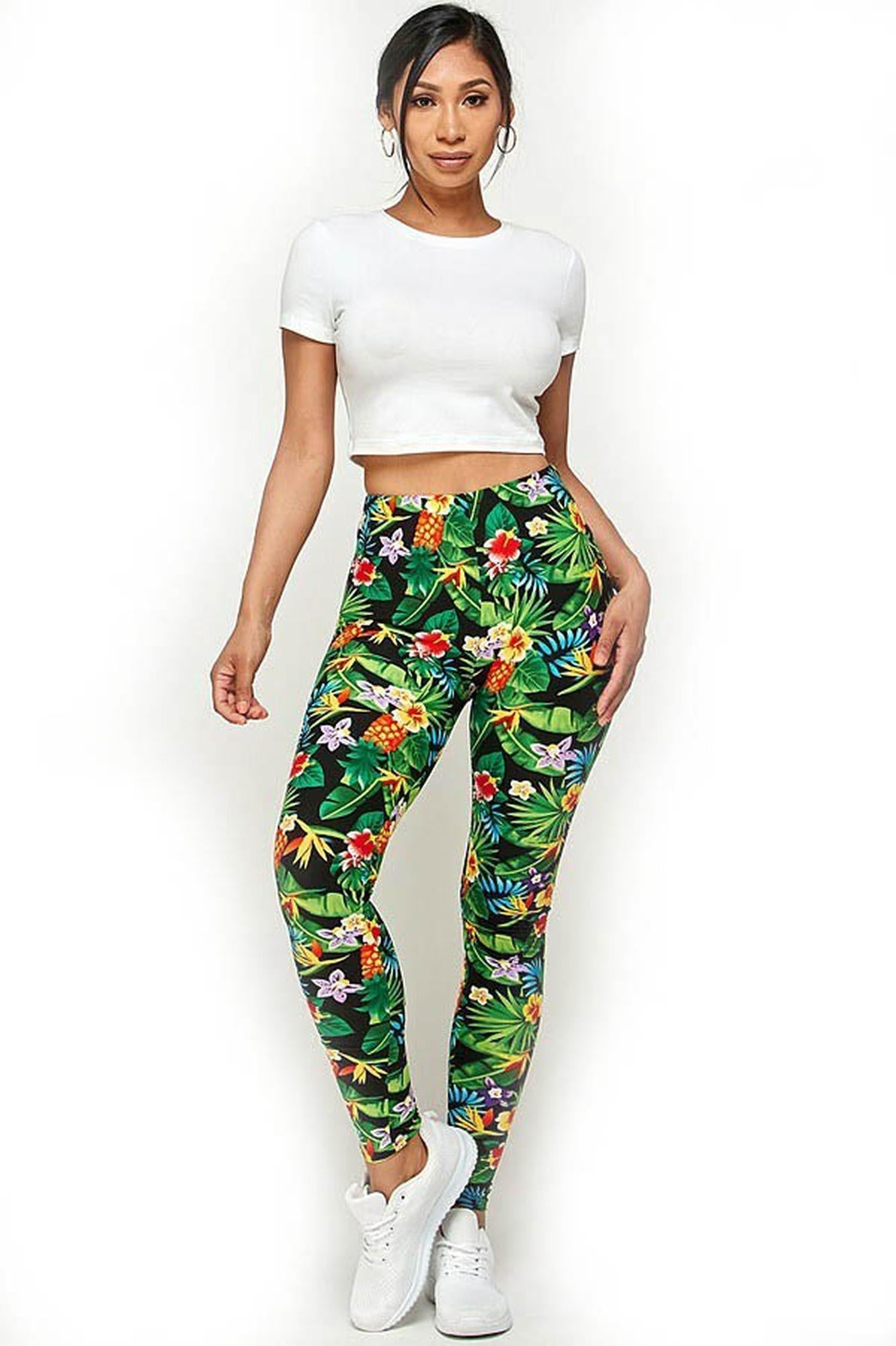 Buttery Soft Tropicana Floral Extra Plus Size Leggings - 3X-5X (XPlus One Size,Green)