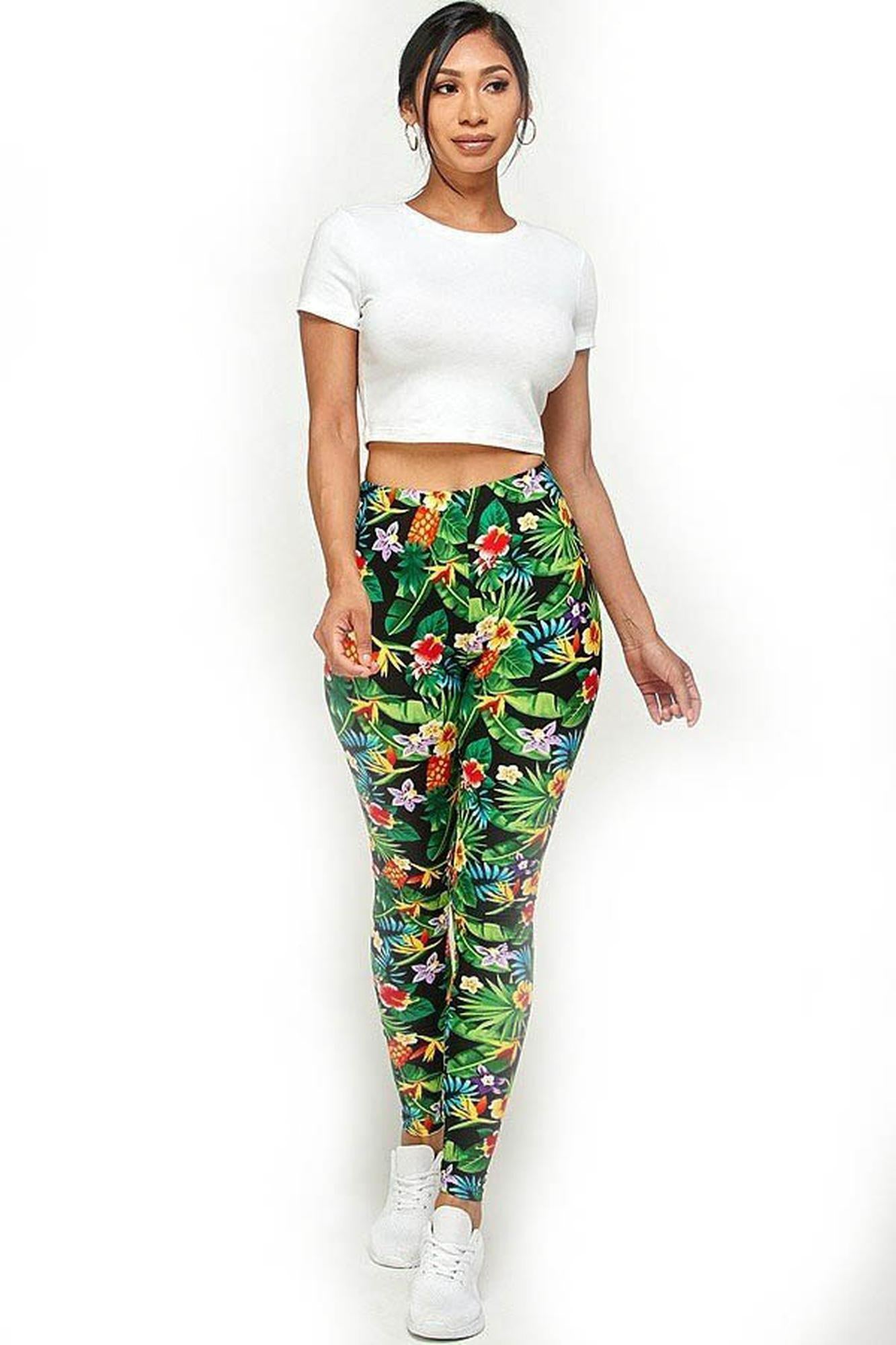 Buttery Soft Tropicana Floral Extra Plus Size Leggings - 3X-5X (XPlus One Size,Green)