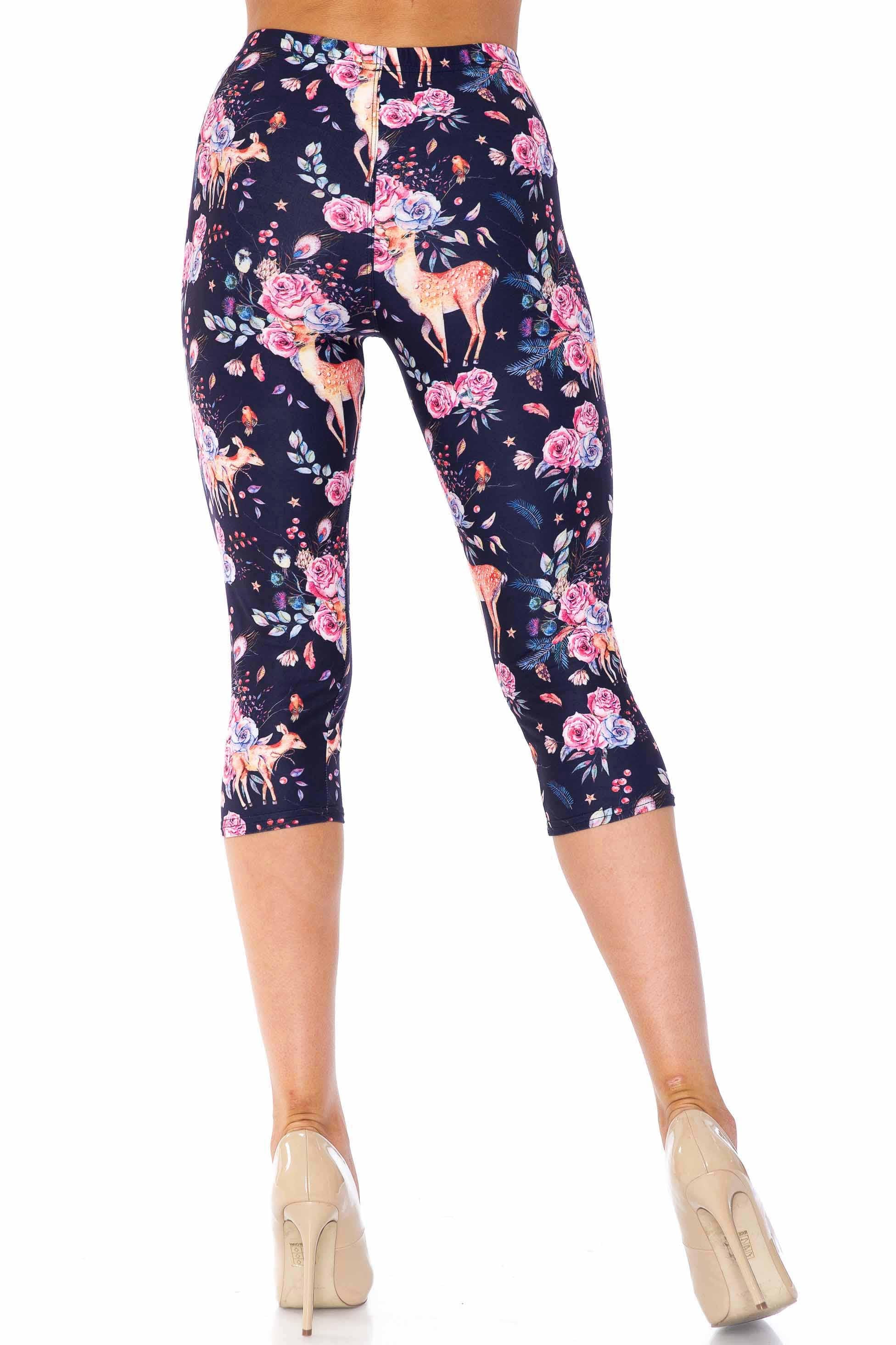 Creamy Soft Capri Leggings Premium Women's Woodland Floral Fawn Extra Plus, High Rise, Stretchy, Comfortable, 3X-5X Capris - by USA Fashion