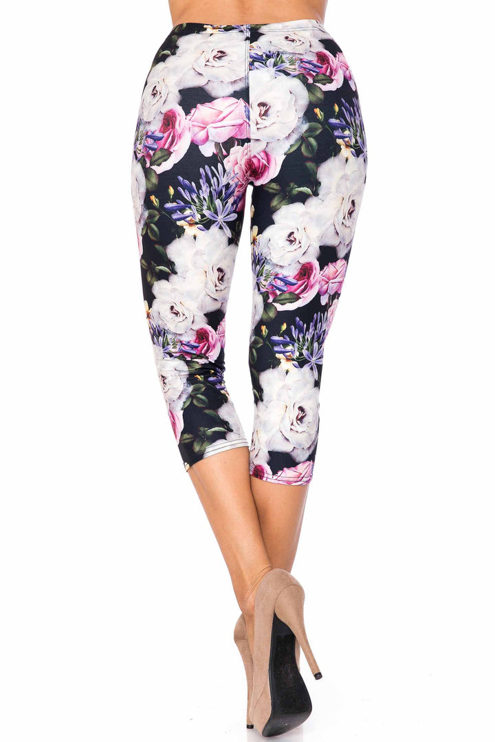 Creamy Soft Capri Leggings Premium Women's Floral Garden Bouquet Extra Plus, High Rise, Stretchy, Comfortable, 3X-5X Capris - by USA Fashion