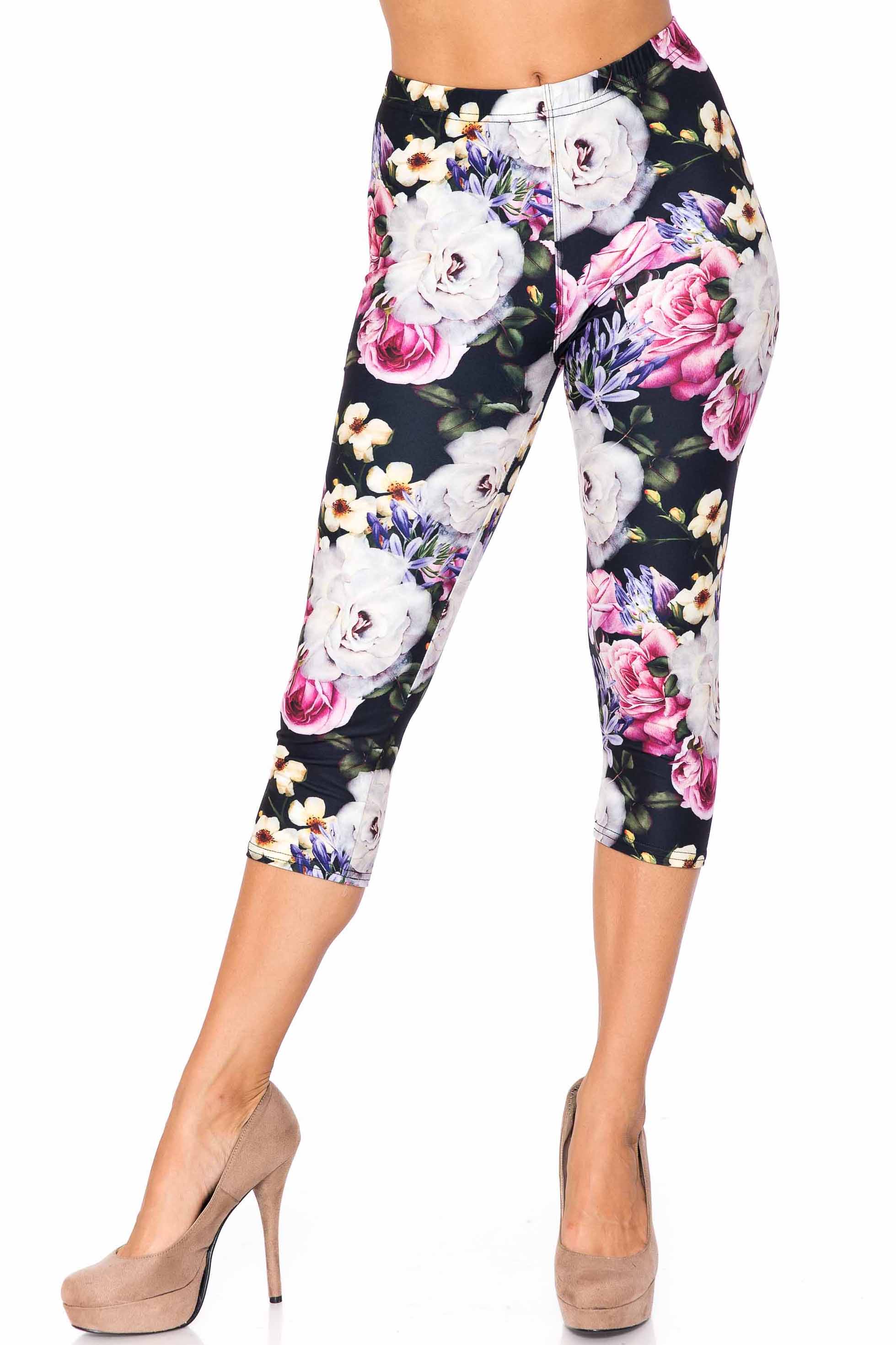 Creamy Soft Capri Leggings Premium Women's Floral Garden Bouquet Extra Plus, High Rise, Stretchy, Comfortable, 3X-5X Capris - by USA Fashion