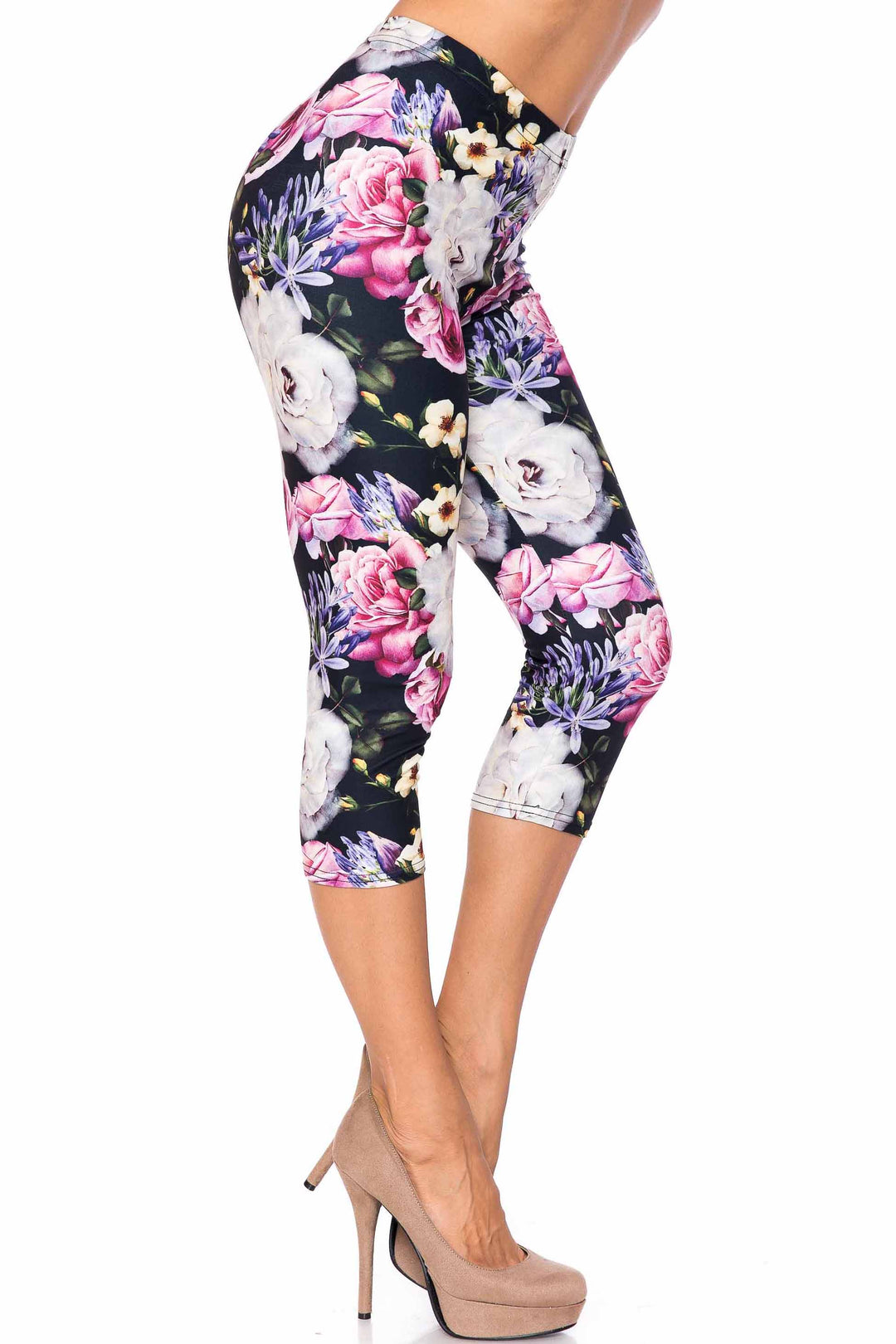 Creamy Soft Capri Leggings Premium Women's Floral Garden Bouquet Extra Plus, High Rise, Stretchy, Comfortable, 3X-5X Capris - by USA Fashion