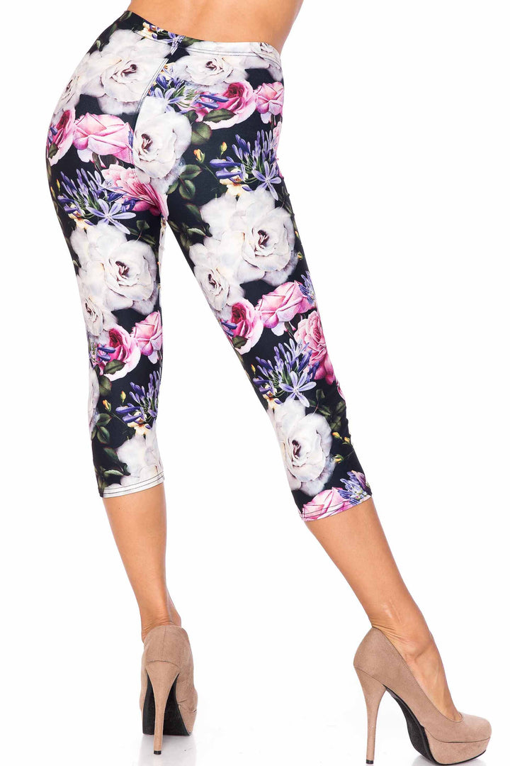 Creamy Soft Capri Leggings Premium Women's Floral Garden Bouquet Extra Plus, High Rise, Stretchy, Comfortable, 3X-5X Capris - by USA Fashion