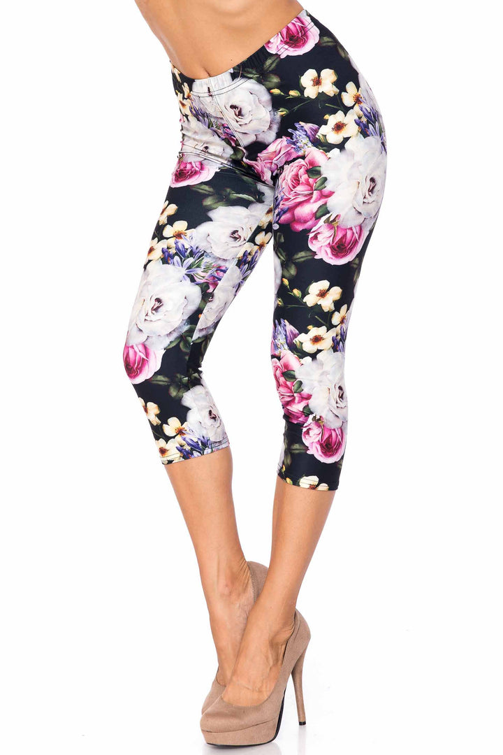 Creamy Soft Capri Leggings Premium Women's Floral Garden Bouquet Extra Plus, High Rise, Stretchy, Comfortable, 3X-5X Capris - by USA Fashion