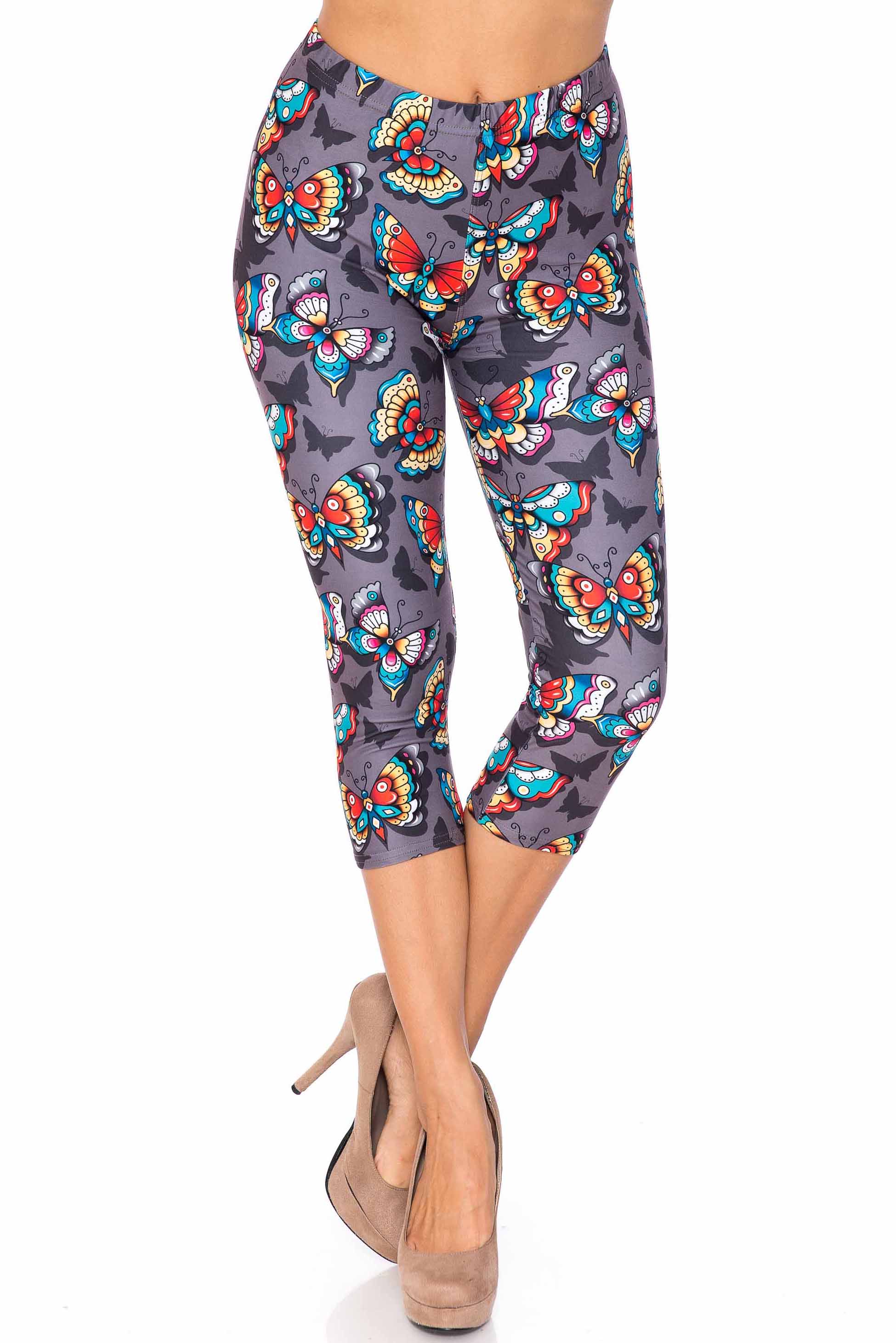 Creamy Soft Jewel Tone Butterfly Capris Leggings - Extra Plus Size - 3XL 4XL 5XL