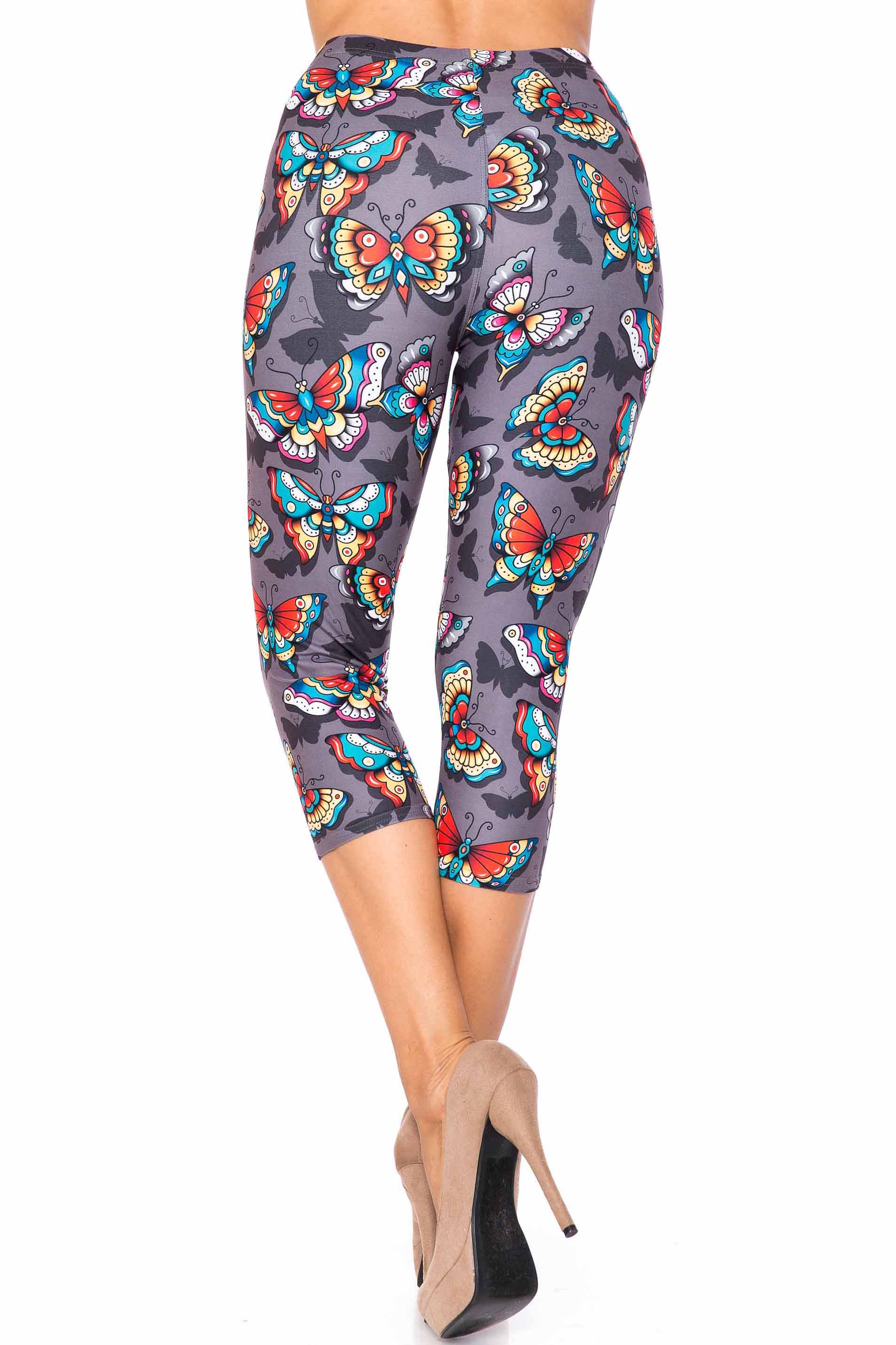 Creamy Soft Jewel Tone Butterfly Capris Leggings - Extra Plus Size - 3XL 4XL 5XL