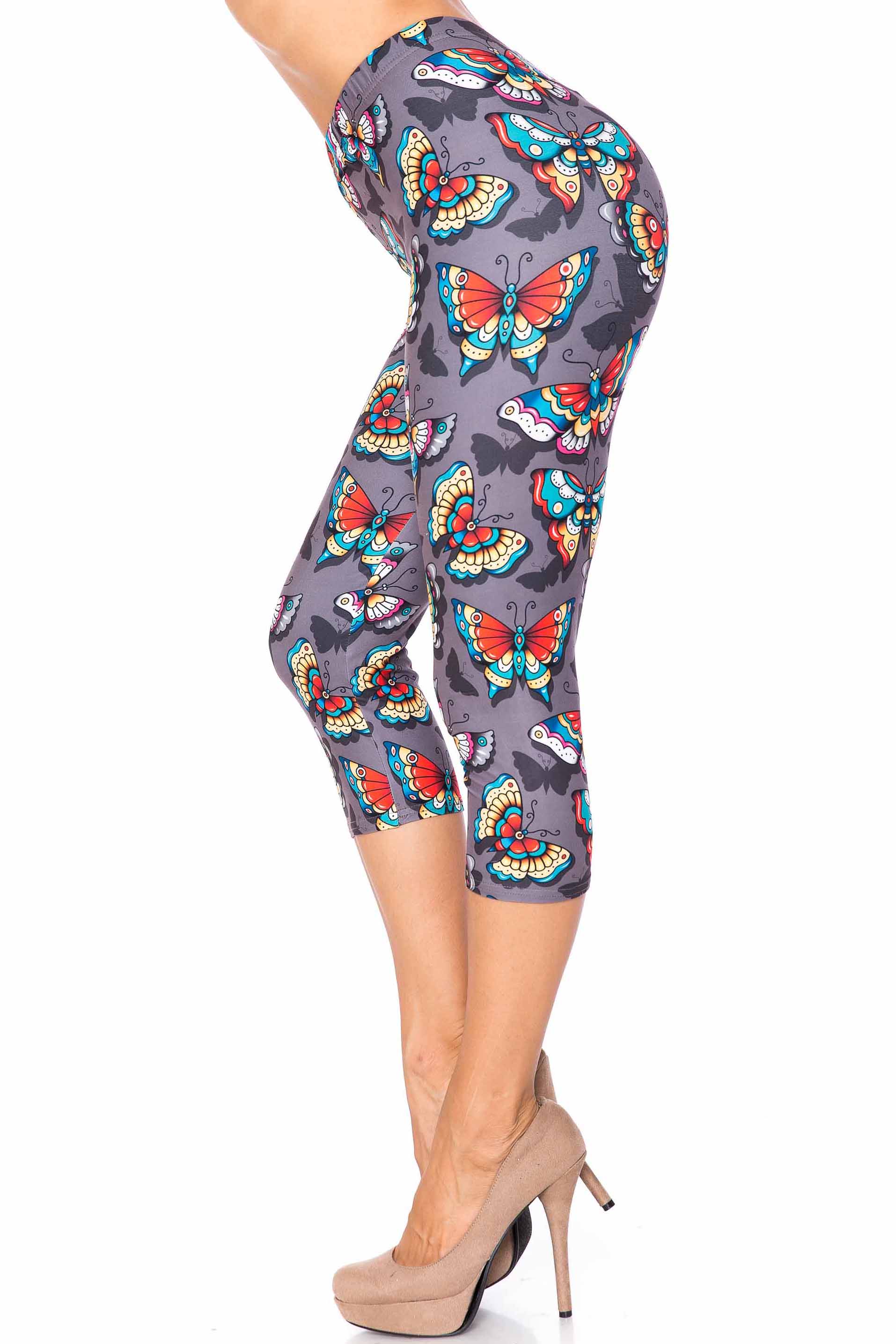 Creamy Soft Jewel Tone Butterfly Capris Leggings - Extra Plus Size - 3XL 4XL 5XL