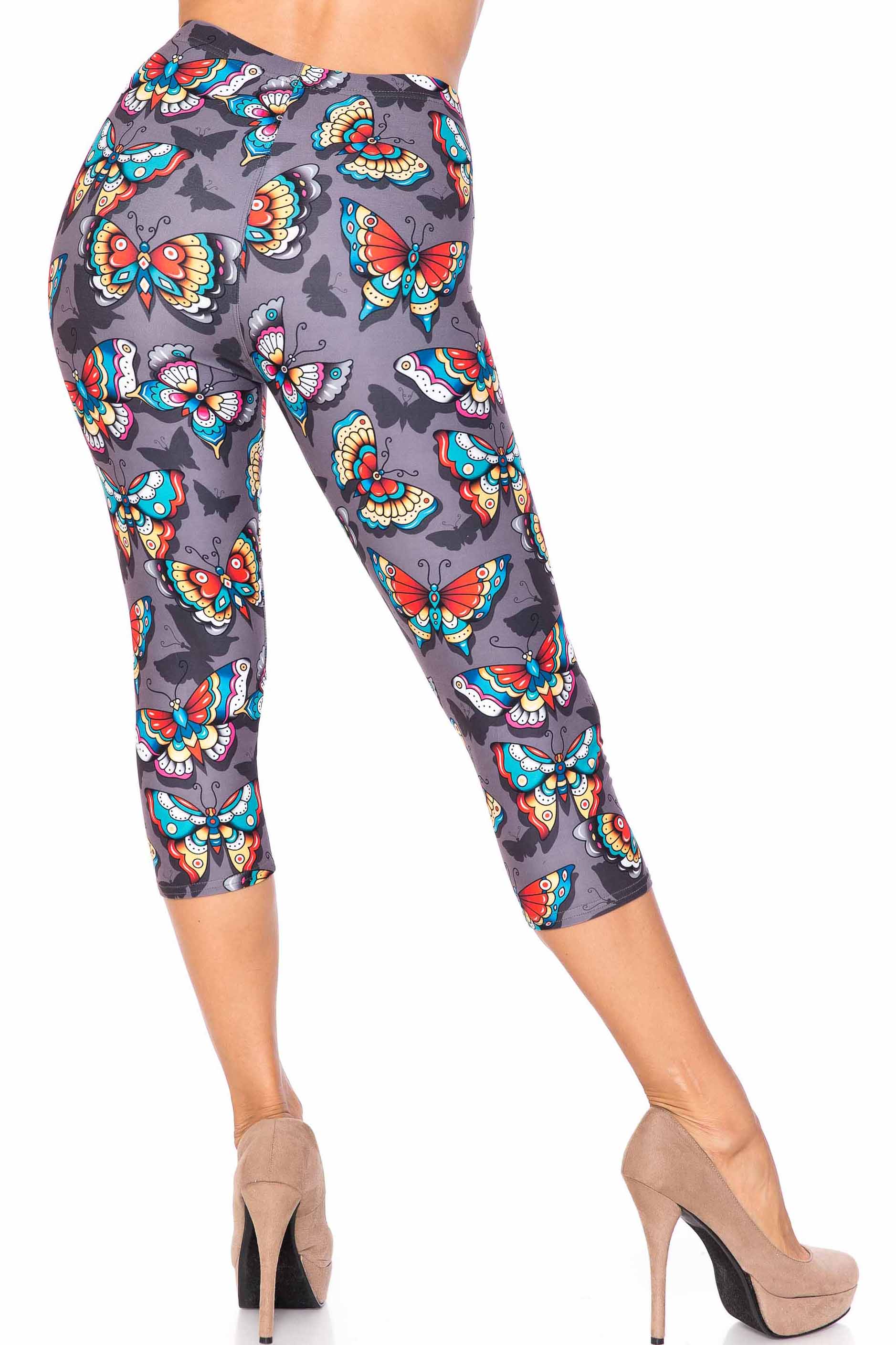 Creamy Soft Jewel Tone Butterfly Capris Leggings - Extra Plus Size - 3XL 4XL 5XL