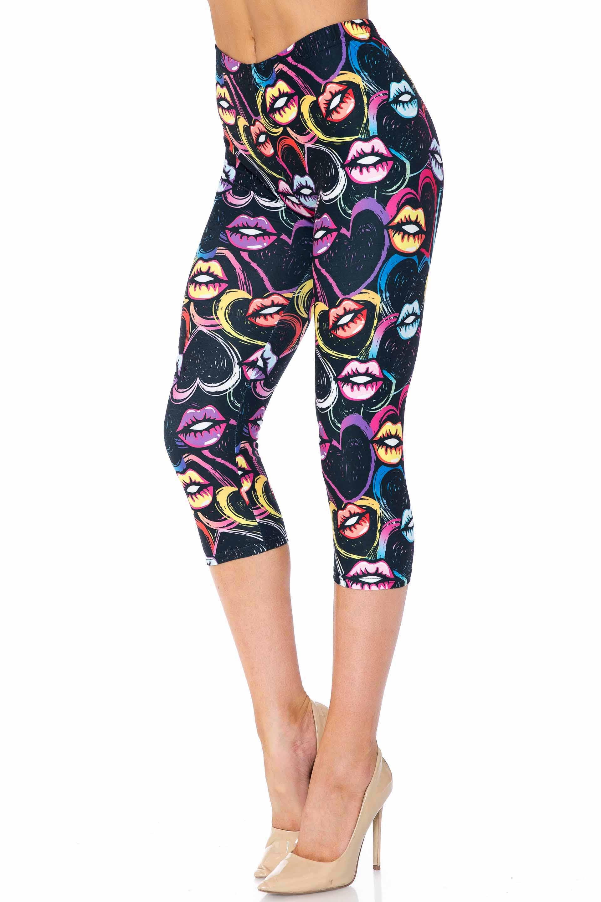 Creamy Soft Capri Leggings Premium Women's Colorful Lips and Hearts Extra Plus, High Rise, Stretchy, Comfortable, 3X-5X Capris - by USA Fashion