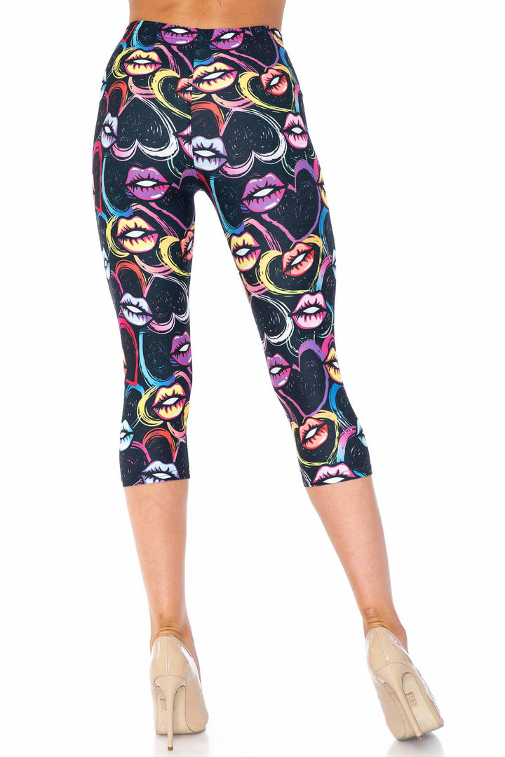 Creamy Soft Capri Leggings Premium Women's Colorful Lips and Hearts Extra Plus, High Rise, Stretchy, Comfortable, 3X-5X Capris - by USA Fashion