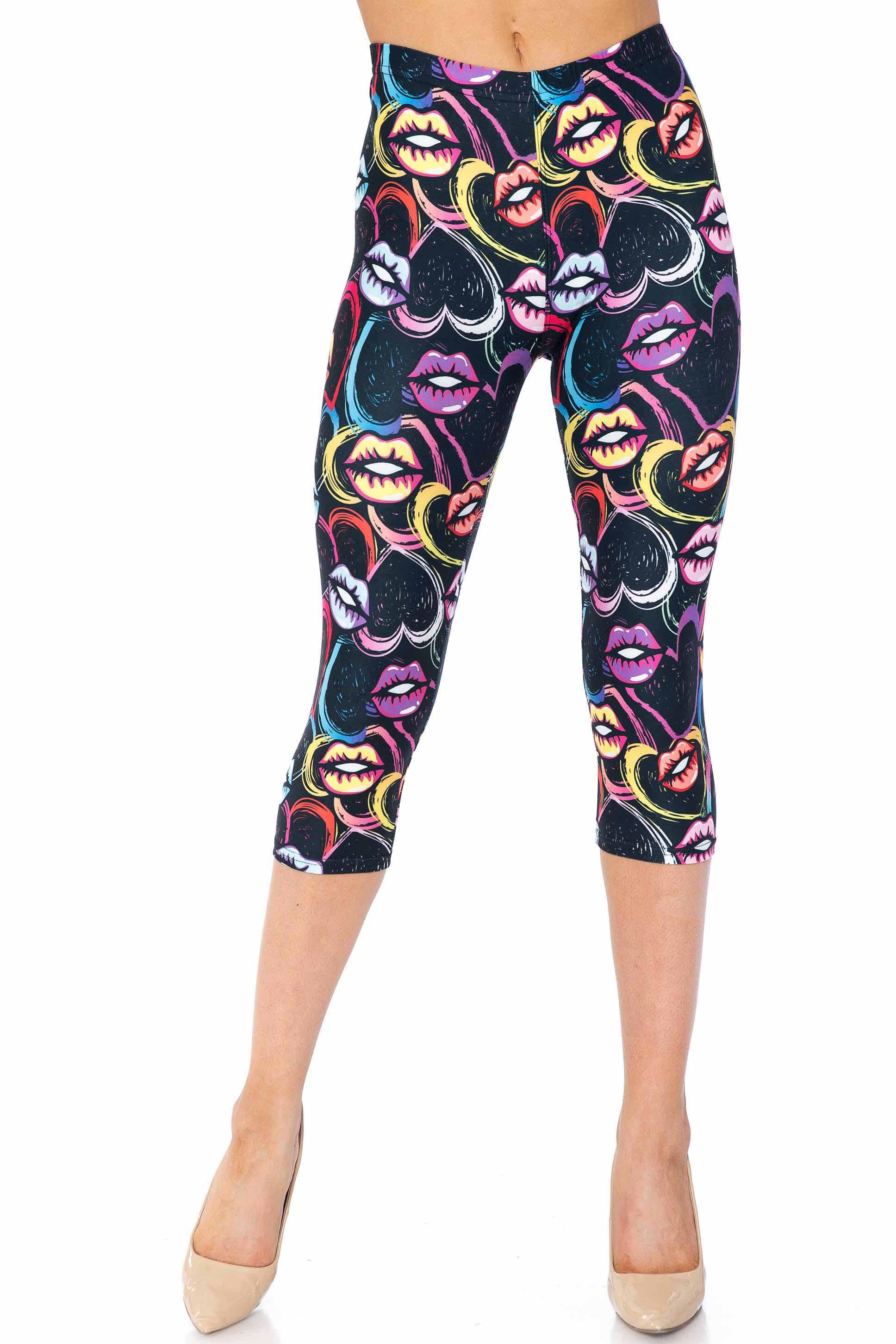 Creamy Soft Capri Leggings Premium Women's Colorful Lips and Hearts Extra Plus, High Rise, Stretchy, Comfortable, 3X-5X Capris - by USA Fashion