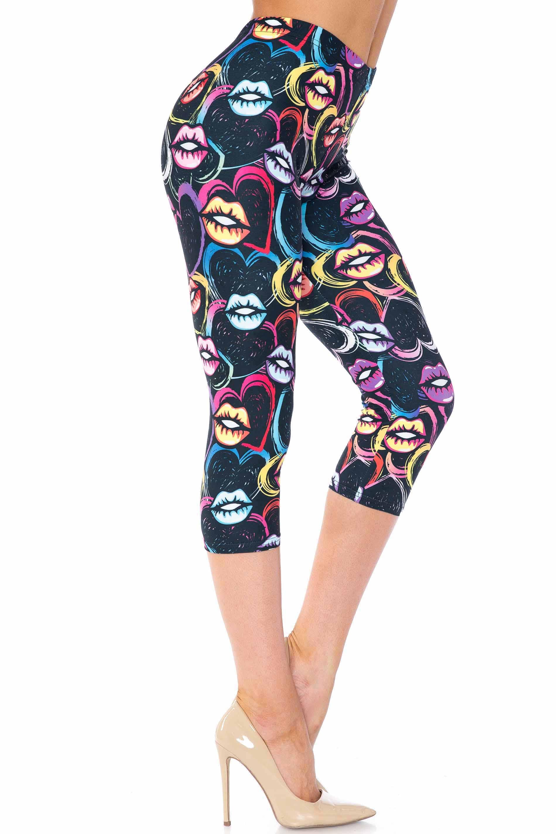 Creamy Soft Capri Leggings Premium Women's Colorful Lips and Hearts Extra Plus, High Rise, Stretchy, Comfortable, 3X-5X Capris - by USA Fashion