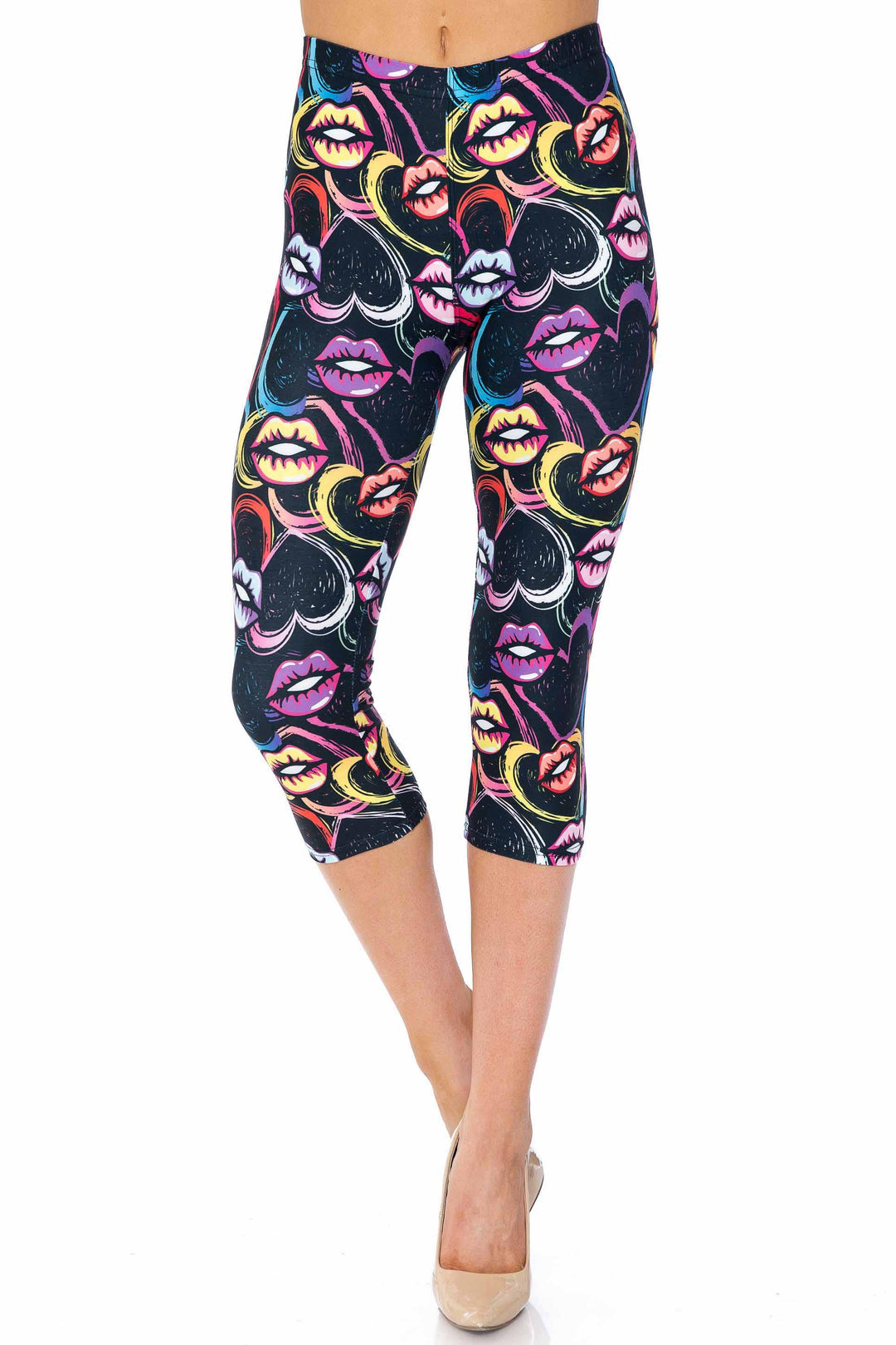 Creamy Soft Capri Leggings Premium Women's Colorful Lips and Hearts Extra Plus, High Rise, Stretchy, Comfortable, 3X-5X Capris - by USA Fashion